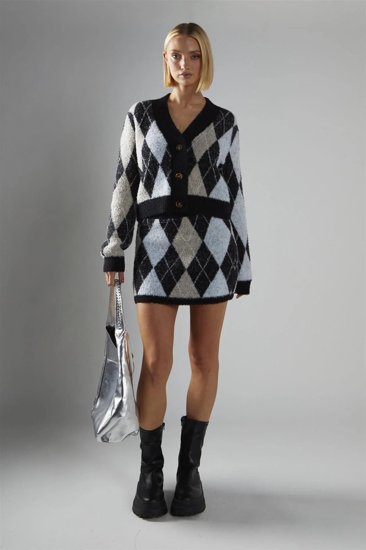 Black-Multi-Argyle Button-Down Cardigan