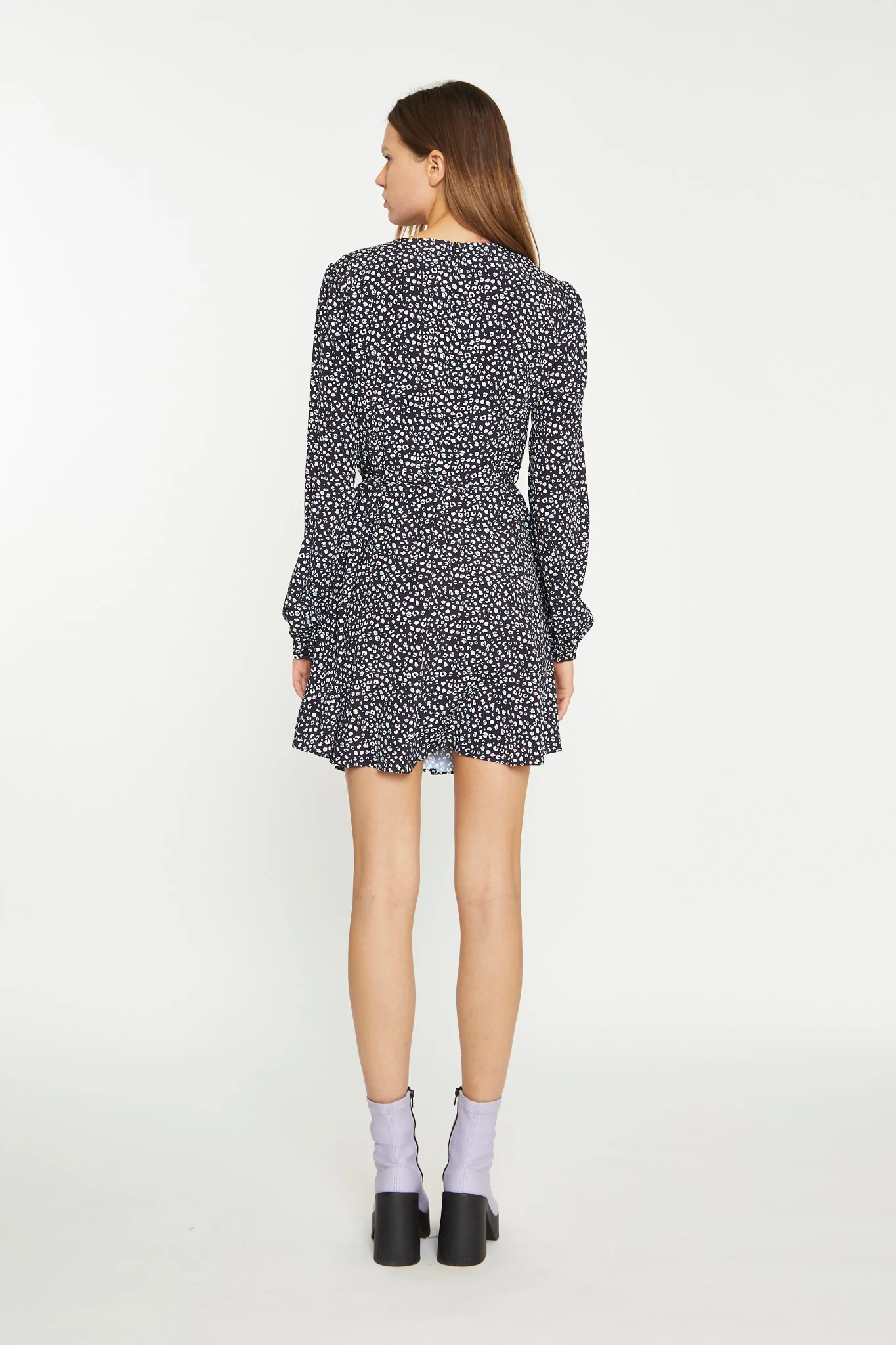 Black Multi-Leopard Tie Waist Long-Sleeve Mini-Dress - Image 2