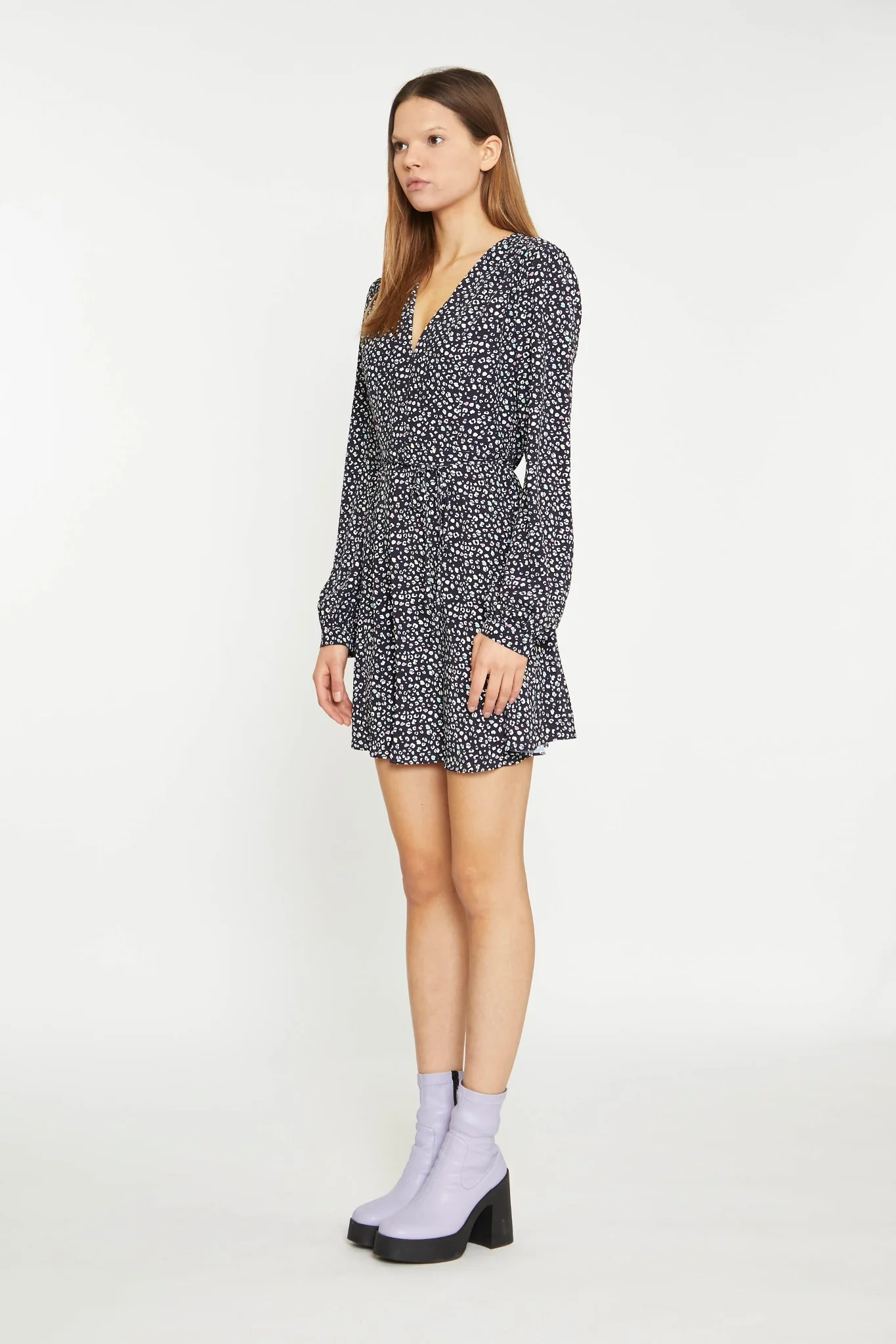 Black Multi-Leopard Tie Waist Long-Sleeve Mini-Dress - Image 3