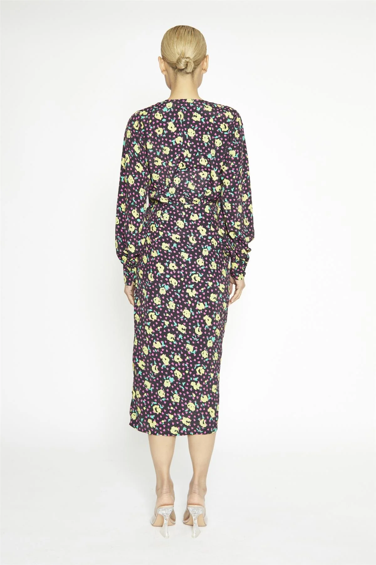 Black Multi-Roses Wrap Midi-Dress - Image 2
