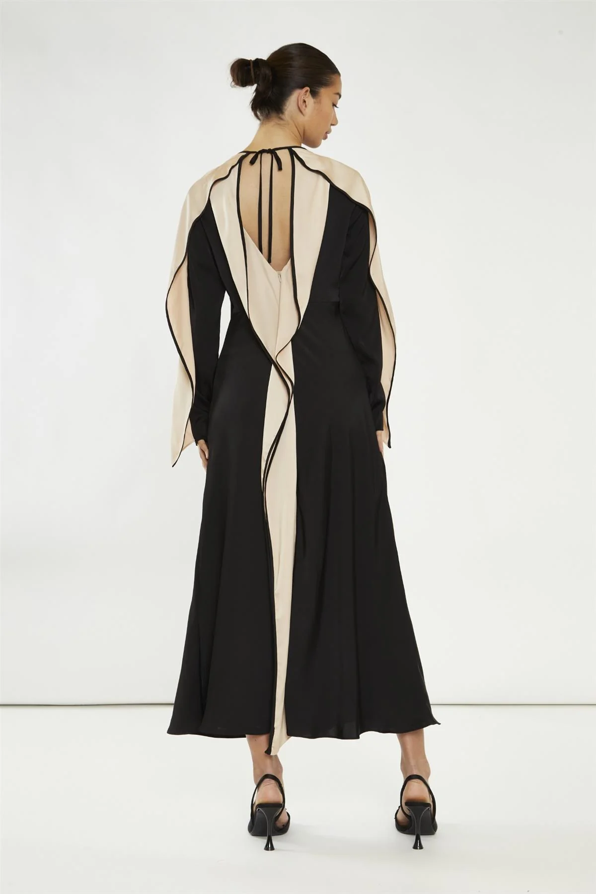 Black-Nude Waterfall Ruffle Maxi-Dress - Image 2
