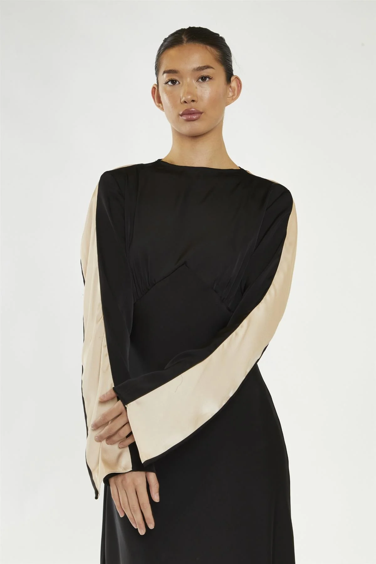 Black-Nude Waterfall Ruffle Maxi-Dress - Image 3