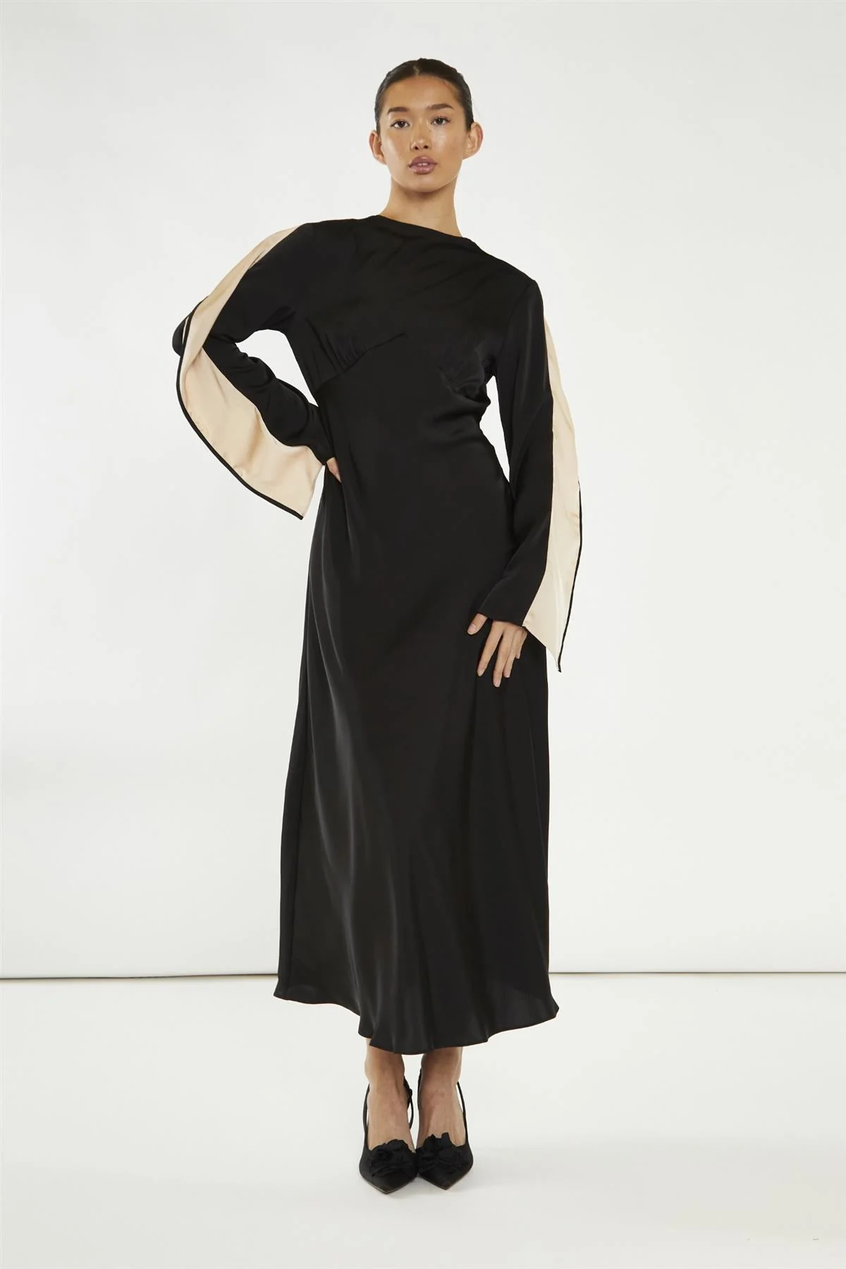 Black-Nude Waterfall Ruffle Maxi-Dress - Image 5