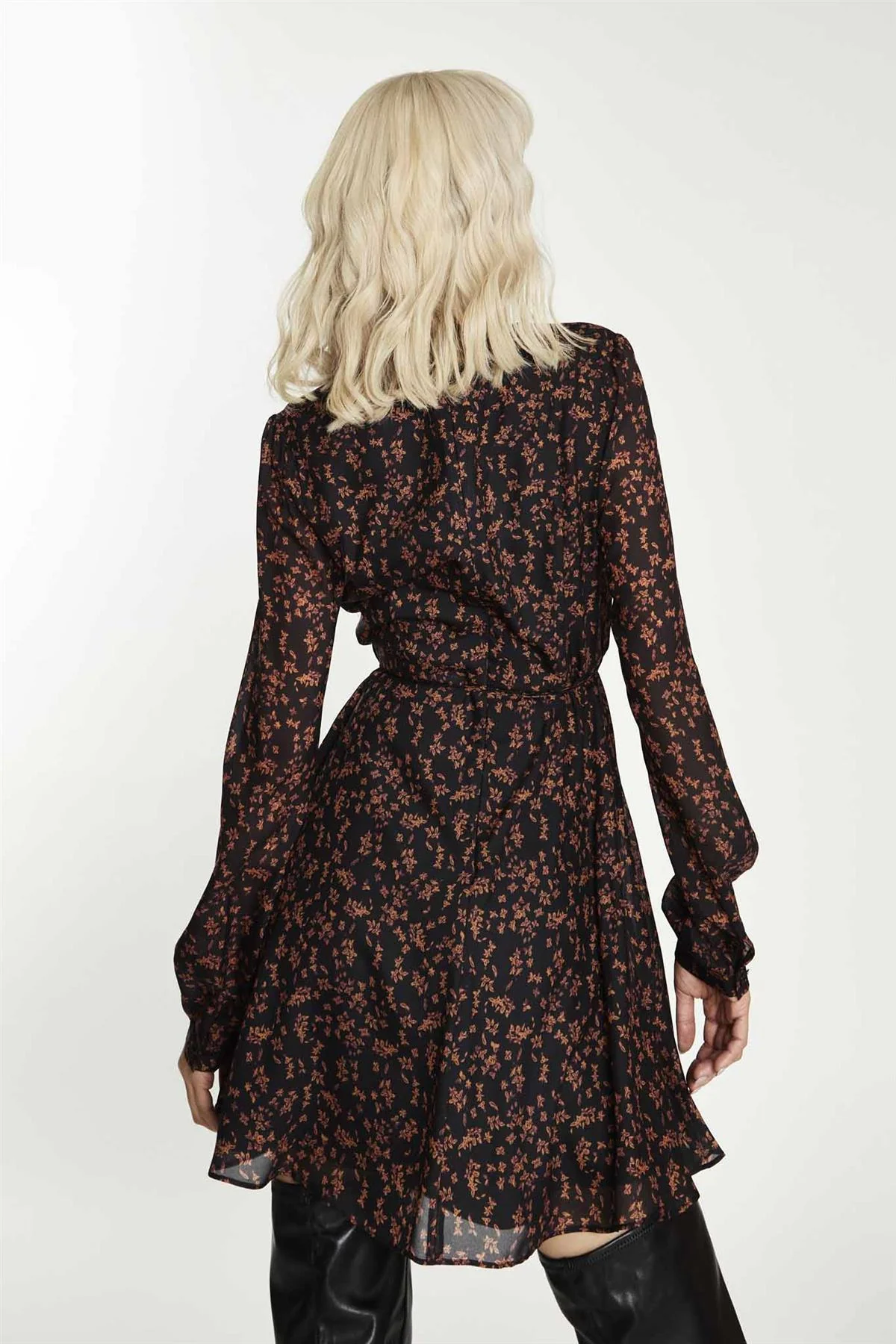 Black-Orange Floral V-Neck Mini-Dress - Image 2