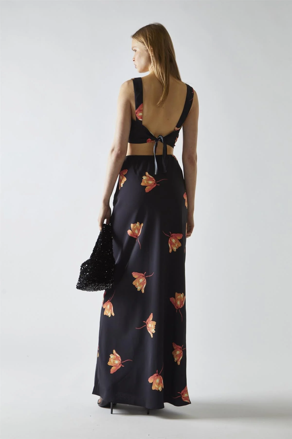Black-Orange Flower Bias-Cut Maxi-Skirt - Image 2