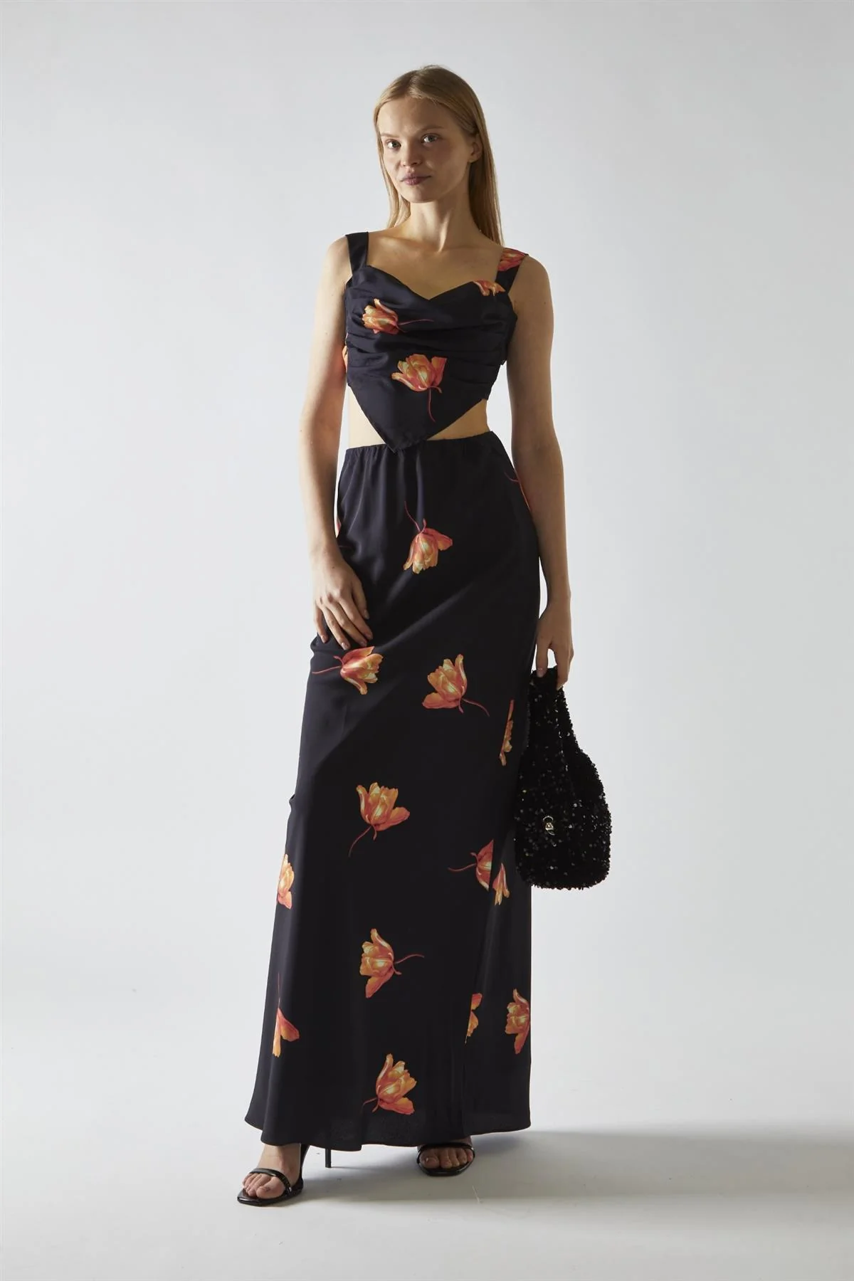 Black-Orange Flower Hanky-Hem Tie-Back Crop-Top