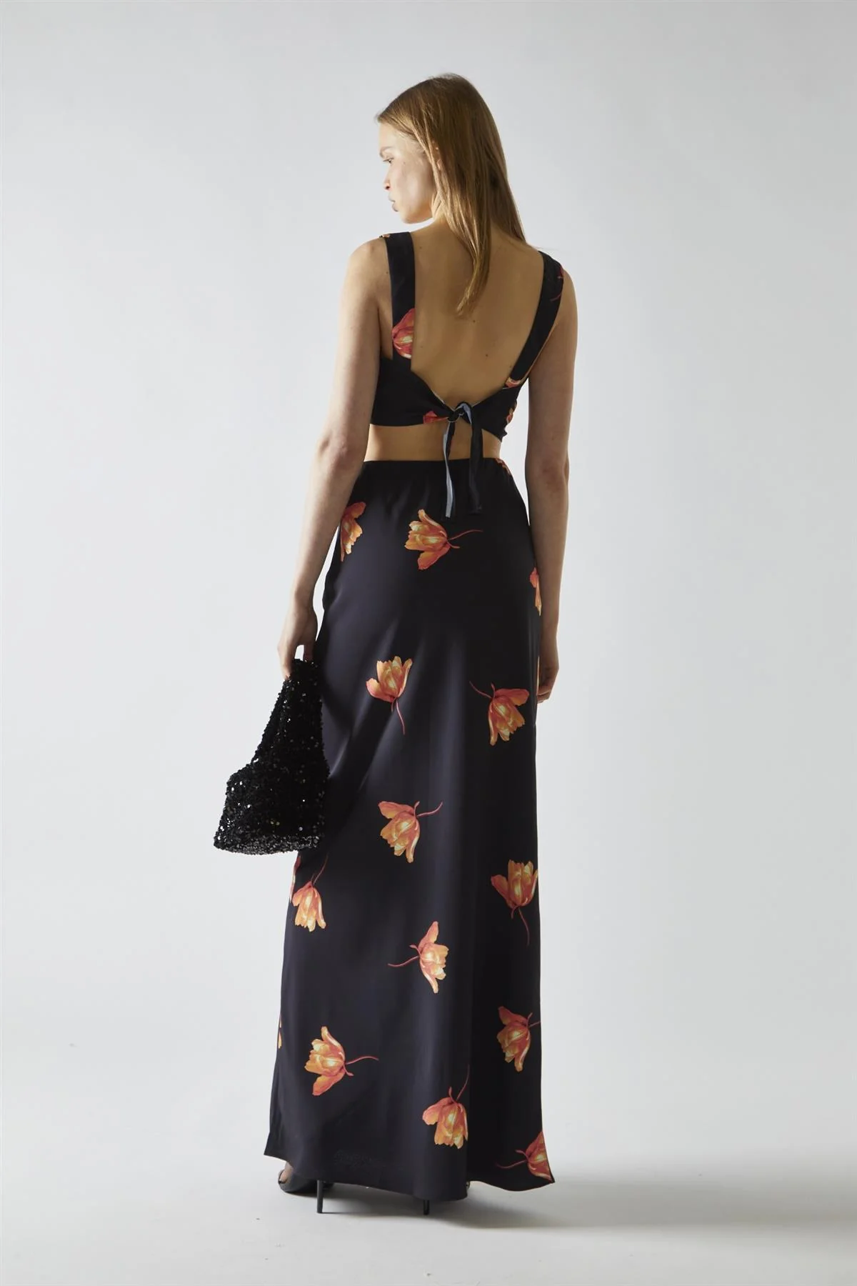 Black-Orange Flower Hanky-Hem Tie-Back Crop-Top - Image 2