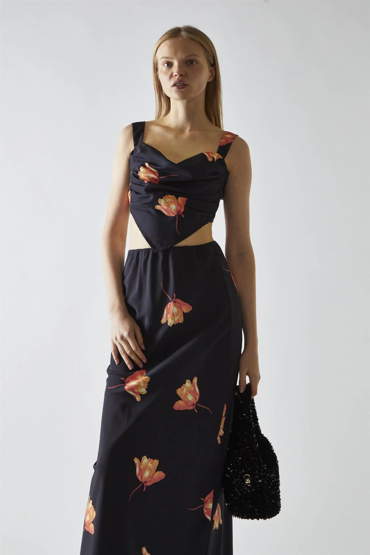 Black-Orange Flower Hanky-Hem Tie-Back Crop-Top - Image 3