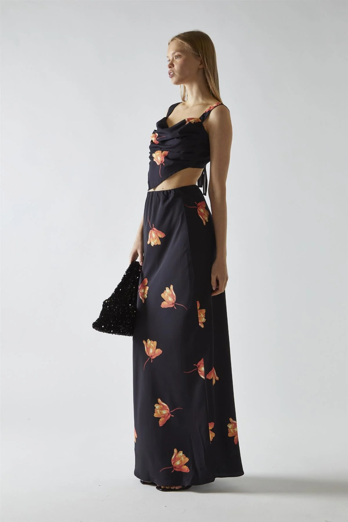 Black-Orange Flower Hanky-Hem Tie-Back Crop-Top - Image 4