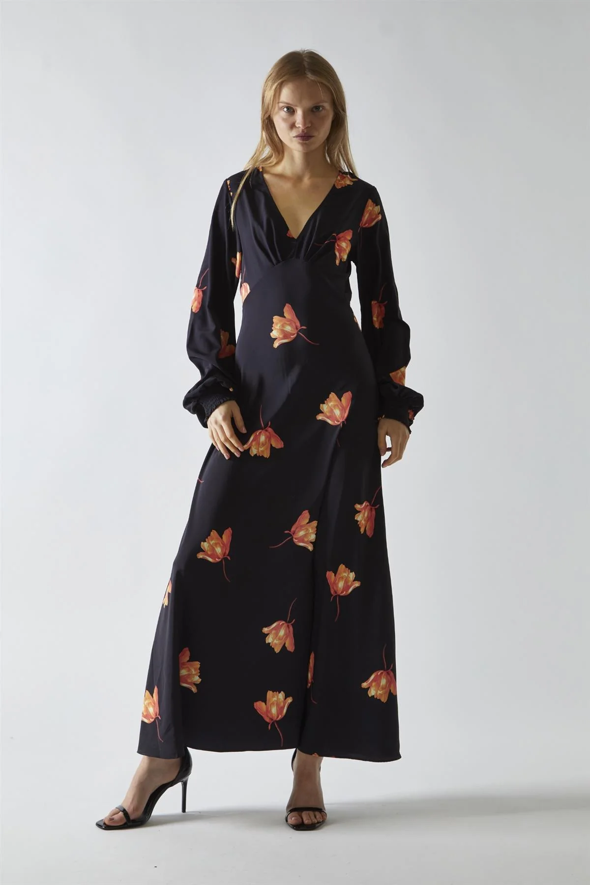 Black-Orange Flower V-neck Midi-Dress - Image 4