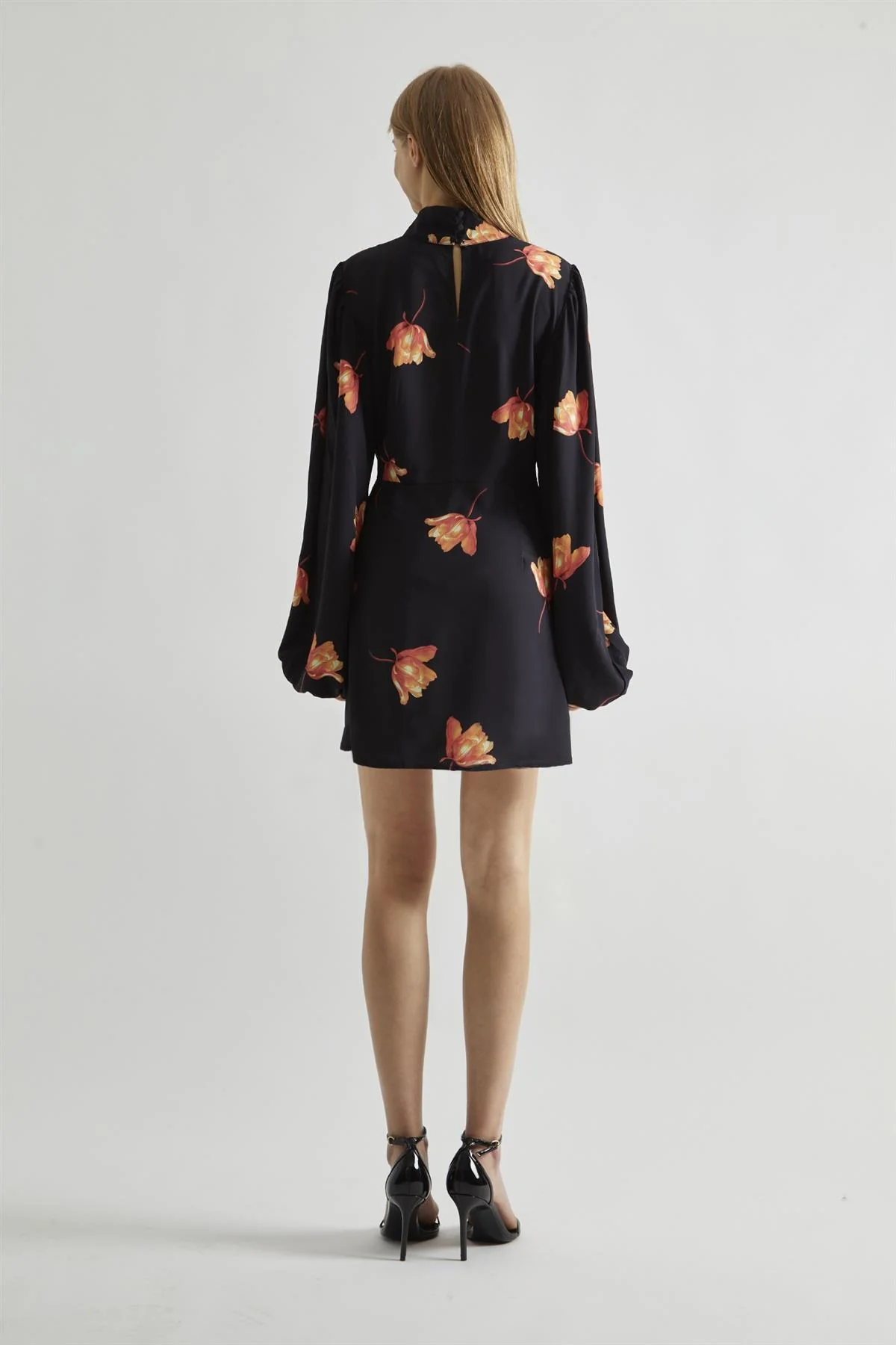 Black-Orange Flowers High-Neck Mini-Dress - Image 2