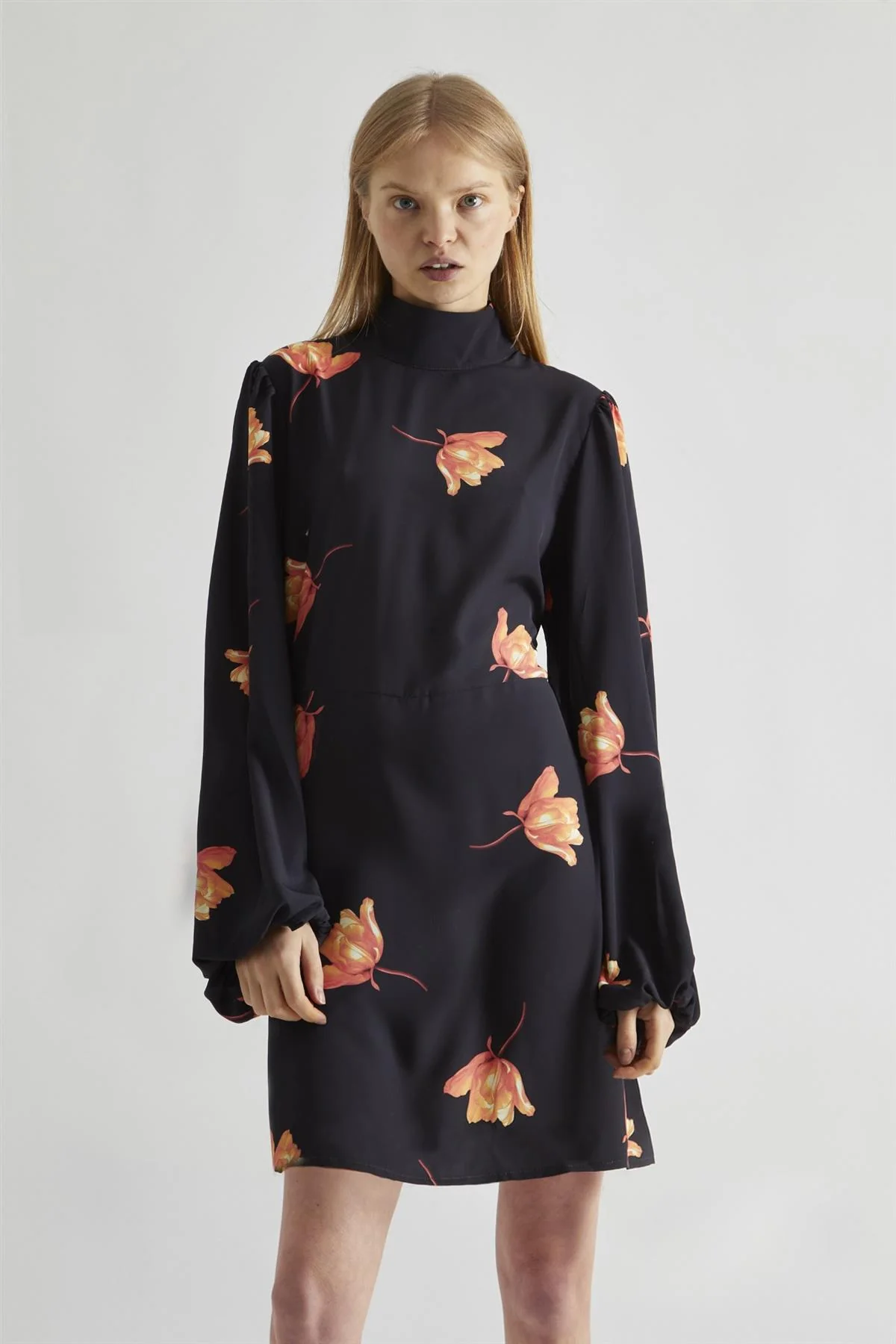 Black-Orange Flowers High-Neck Mini-Dress - Image 3