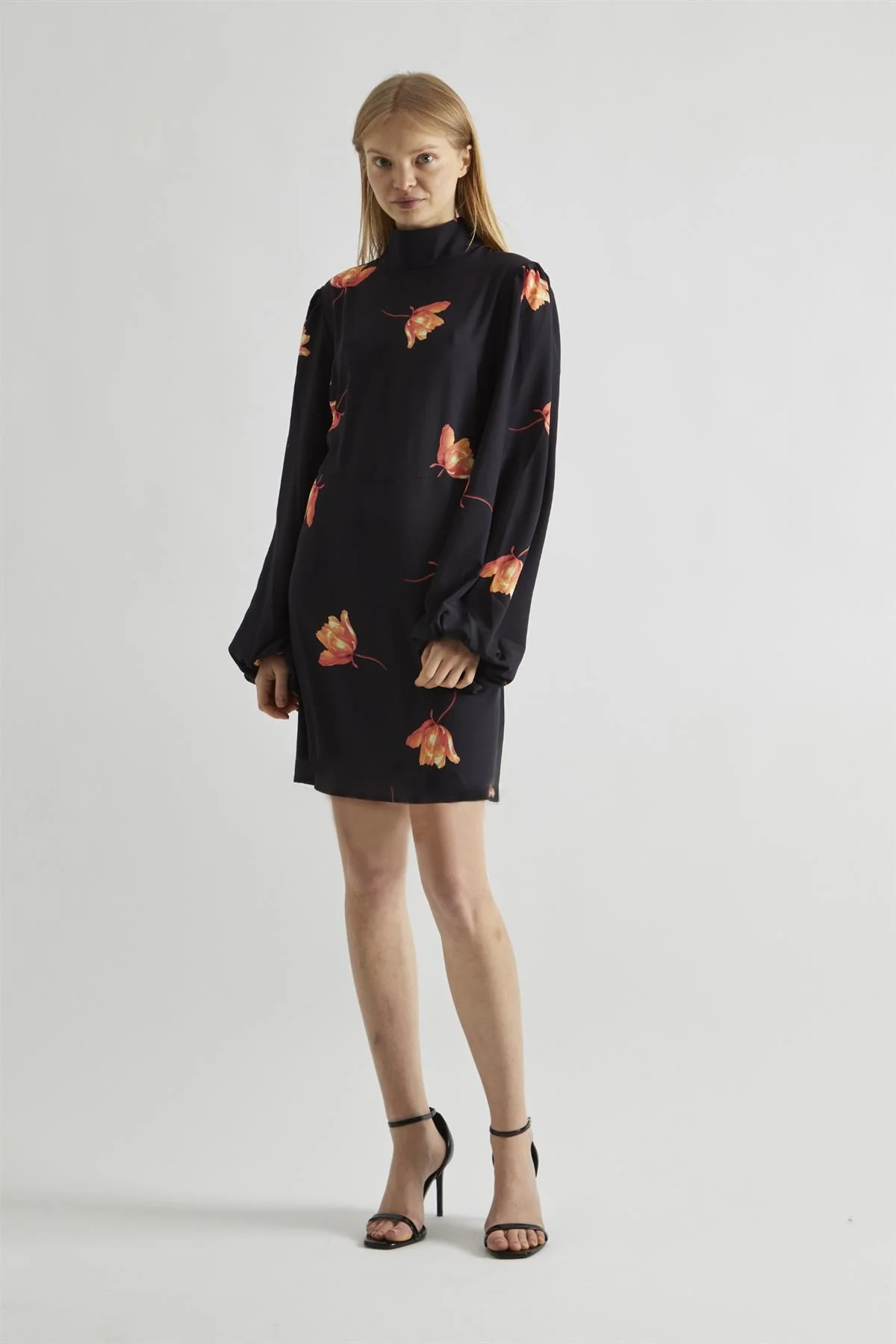 Black-Orange Flowers High-Neck Mini-Dress - Image 4