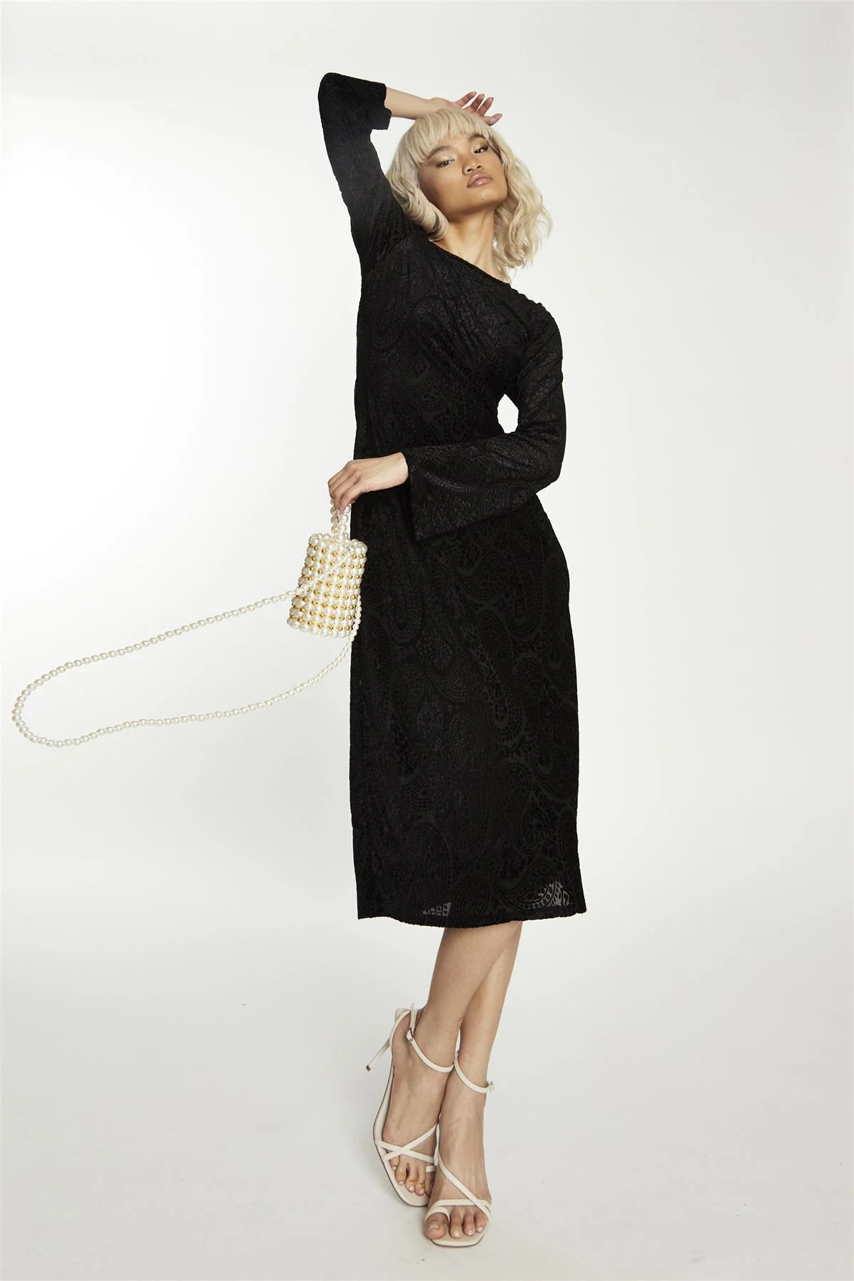 Black Paisley Devore Open Tie Back Midaxi Dress - Image 3