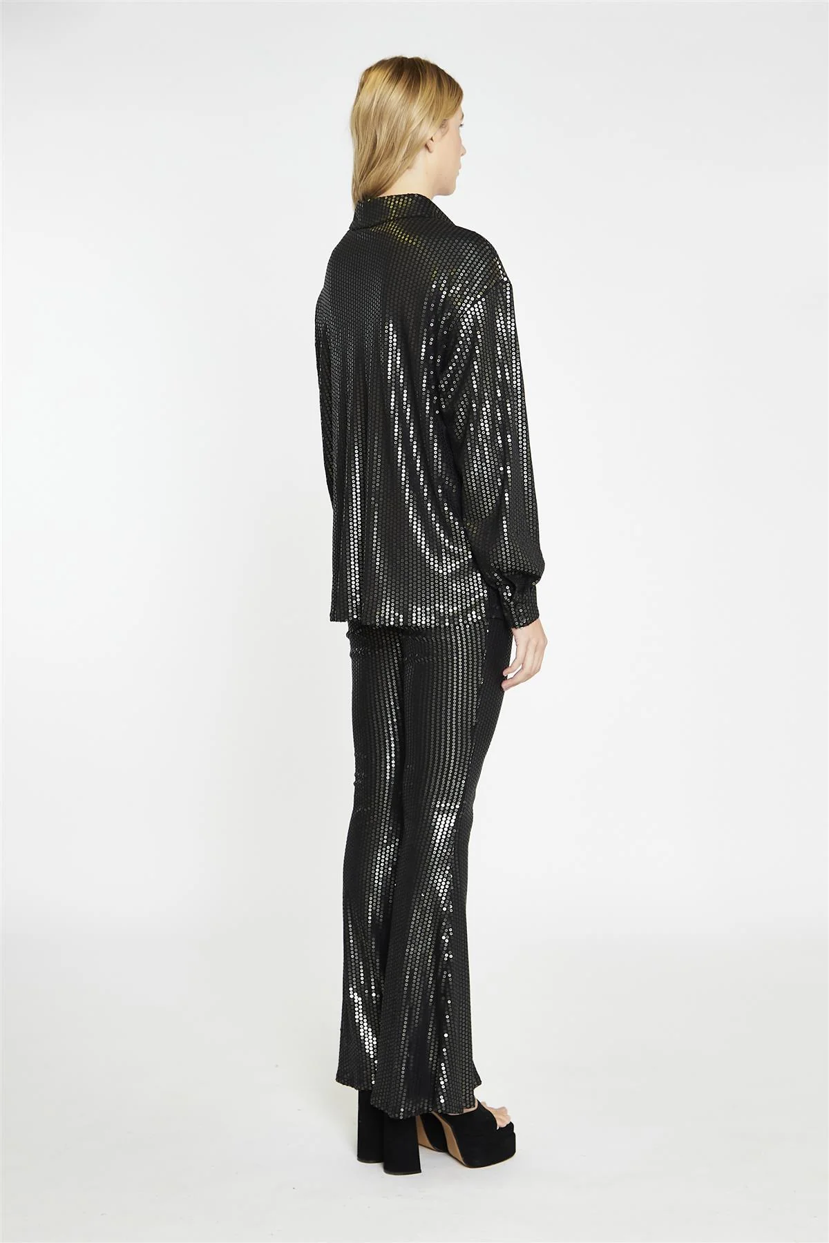 Black-Pewter-Sequin Button-Front Long Sleeve-Shirt - Image 2