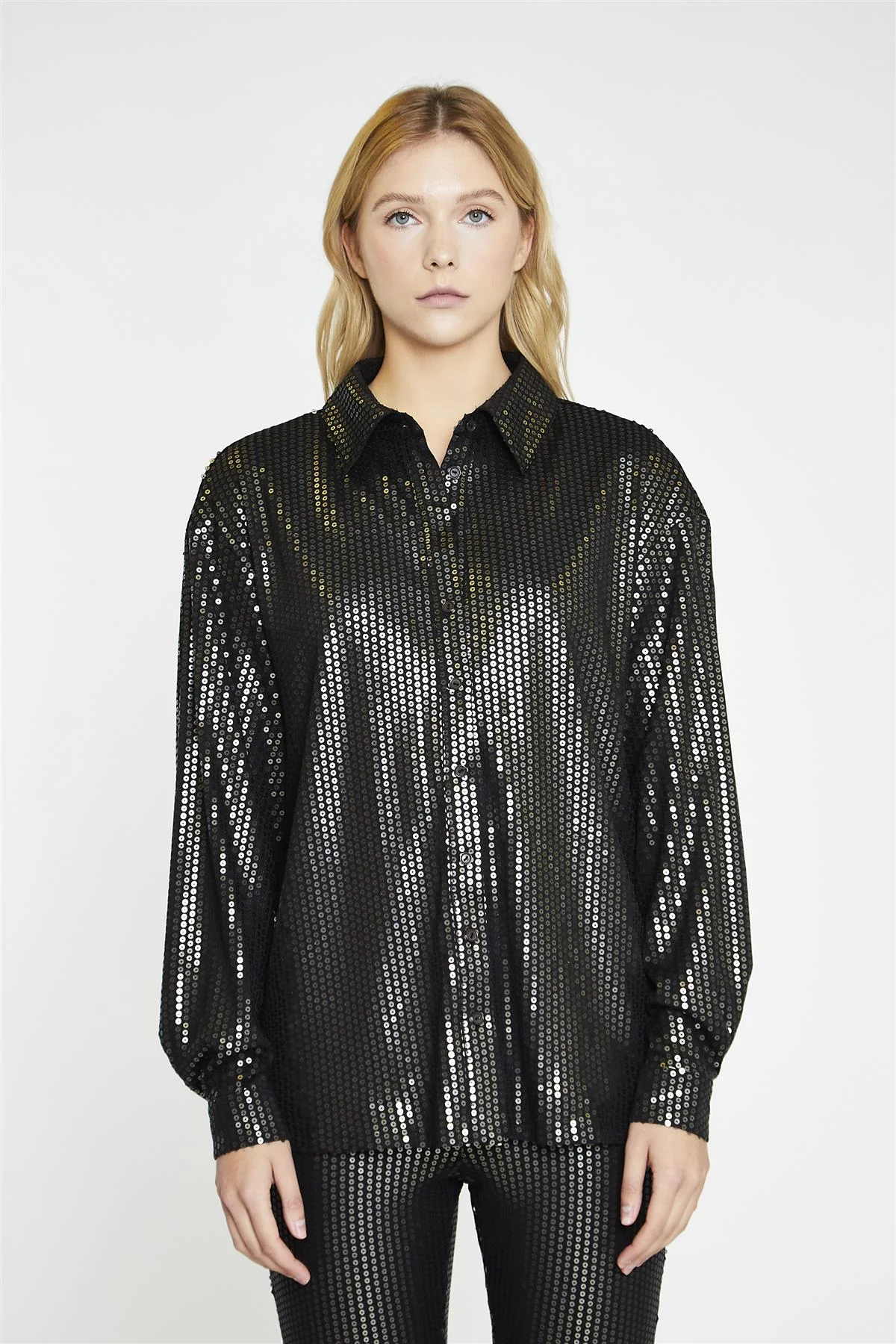 Black-Pewter-Sequin Button-Front Long Sleeve-Shirt - Image 3