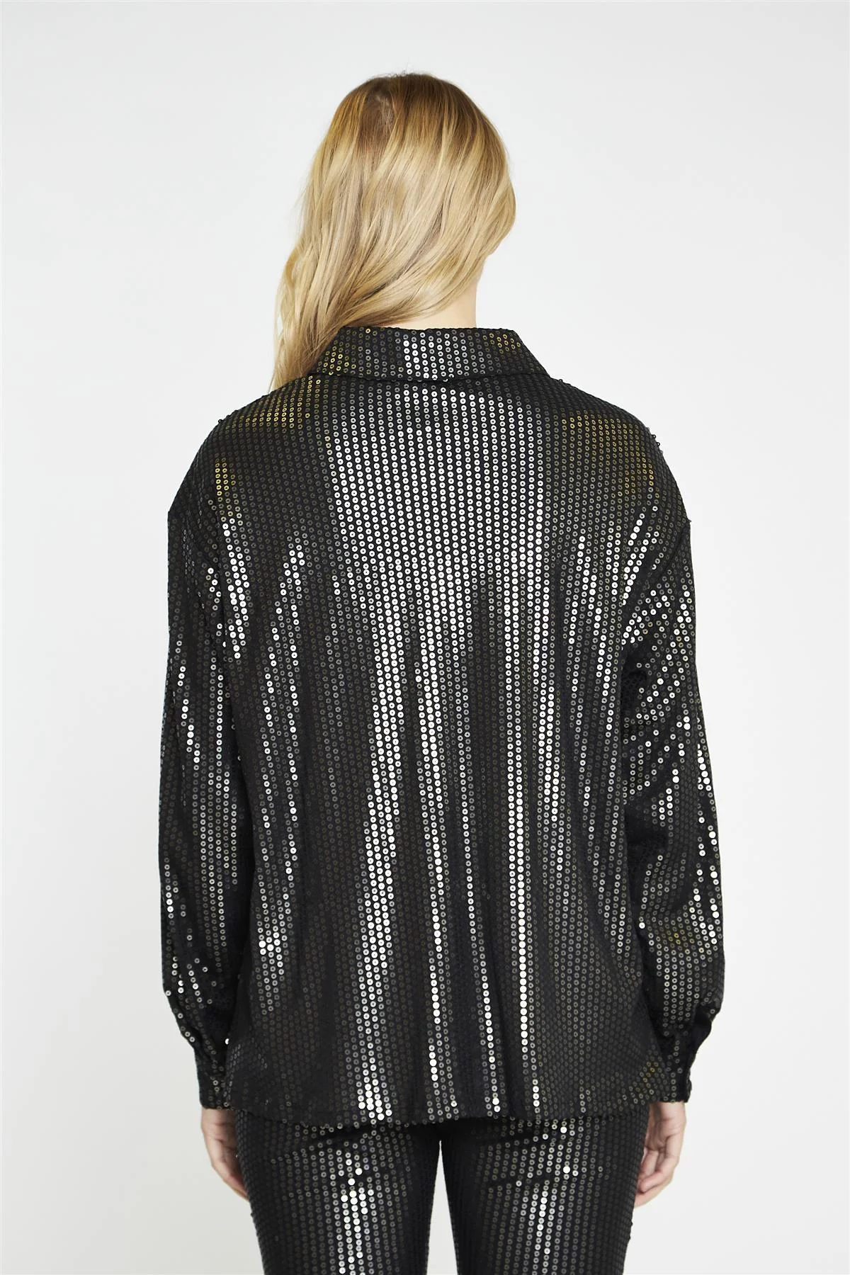 Black-Pewter-Sequin Button-Front Long Sleeve-Shirt - Image 4