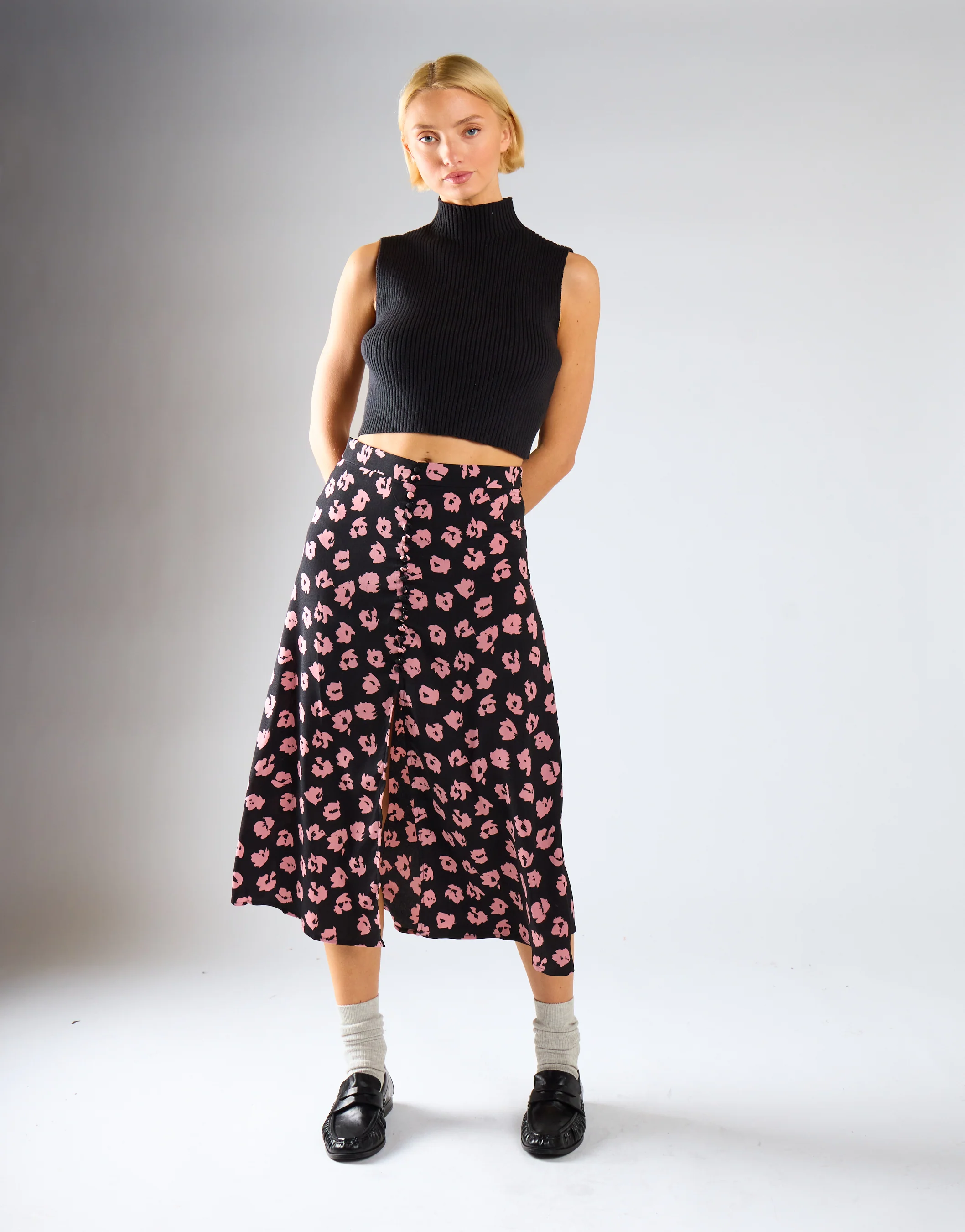 Black-Pink Splodge Button-Front Midi-Skirt