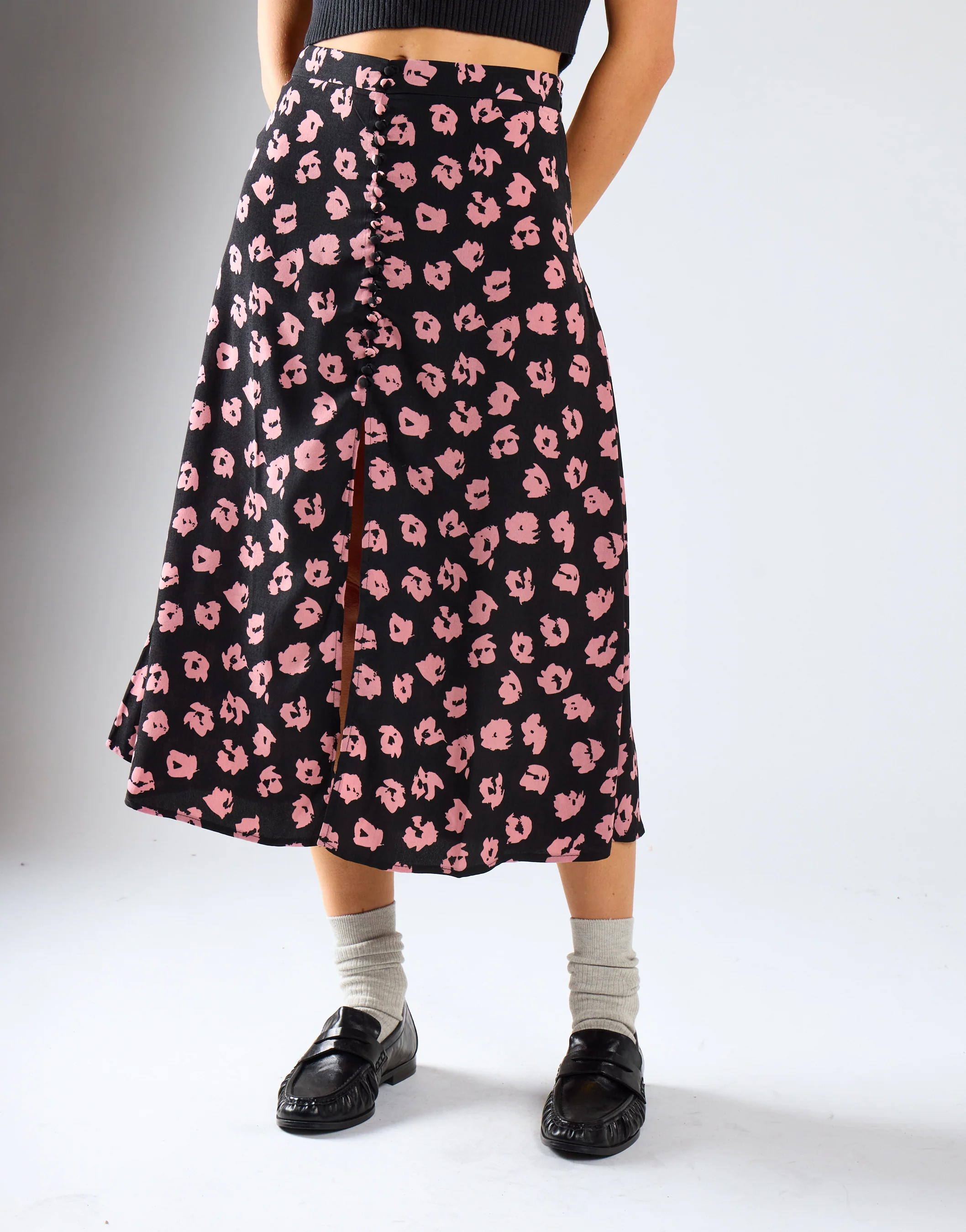 Black-Pink Splodge Button-Front Midi-Skirt - Image 2