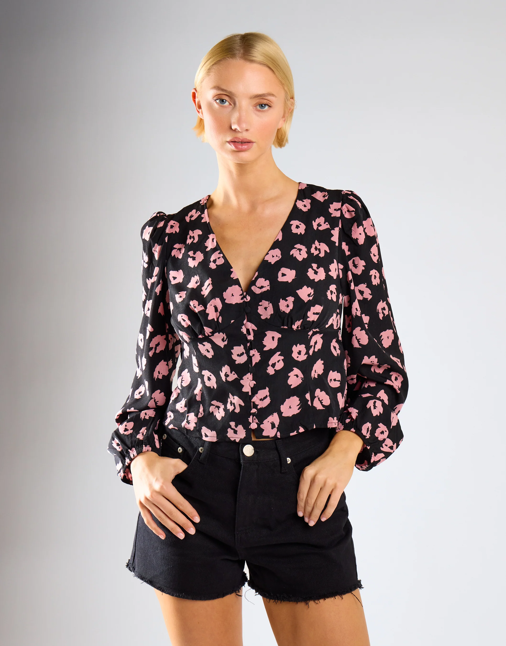 Black-Pink-Splodge Long-Sleeve-Button-Front V-Neck-Blouse - Image 2