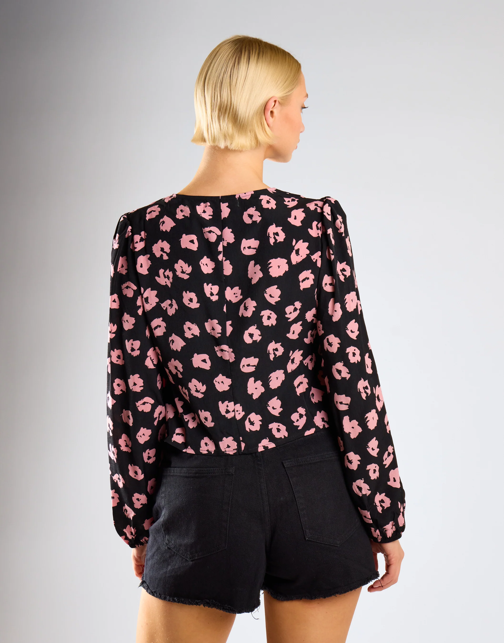 Black-Pink-Splodge Long-Sleeve-Button-Front V-Neck-Blouse - Image 4