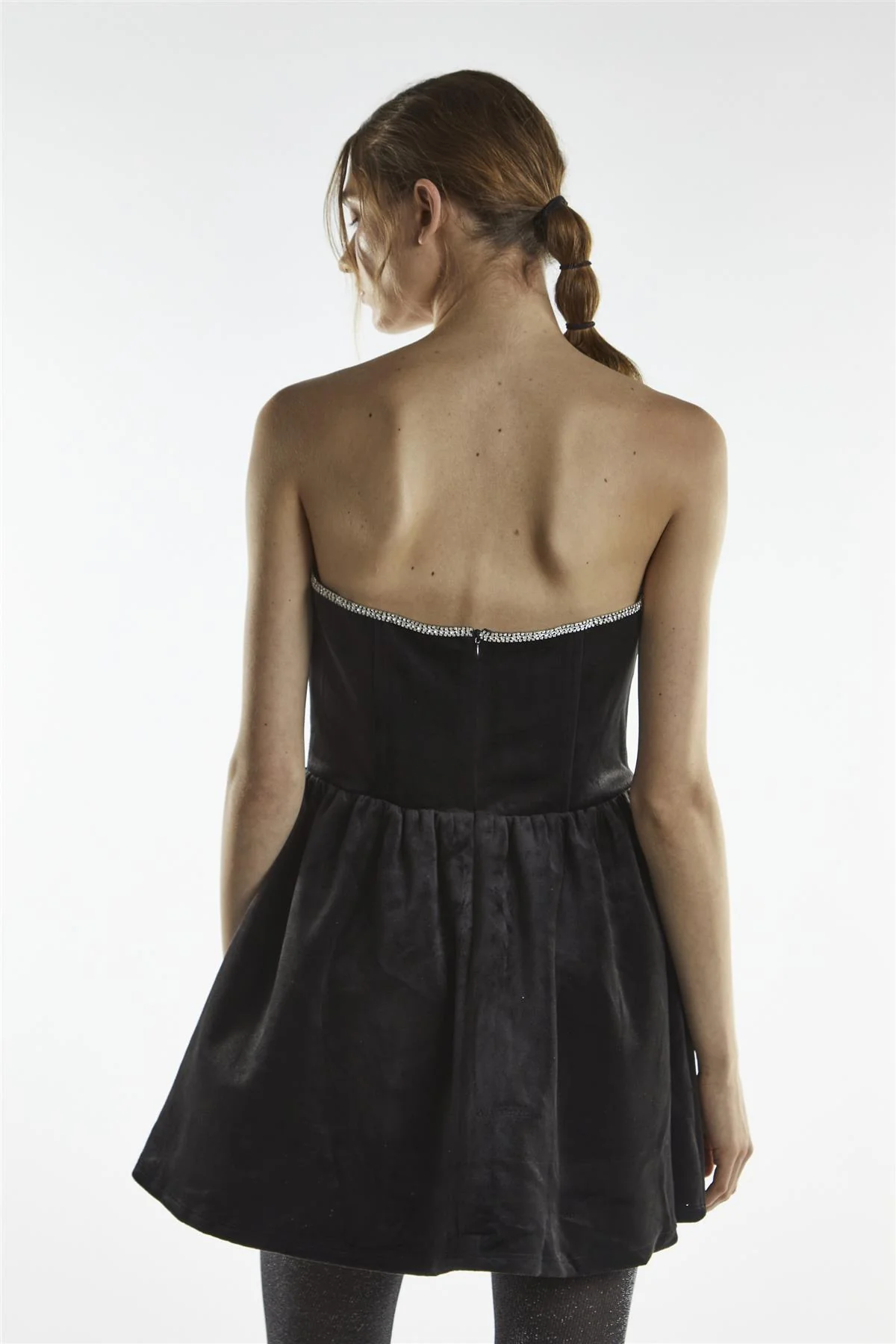 Black Plunge Rhinestone Trim Mini-Dress - Image 2