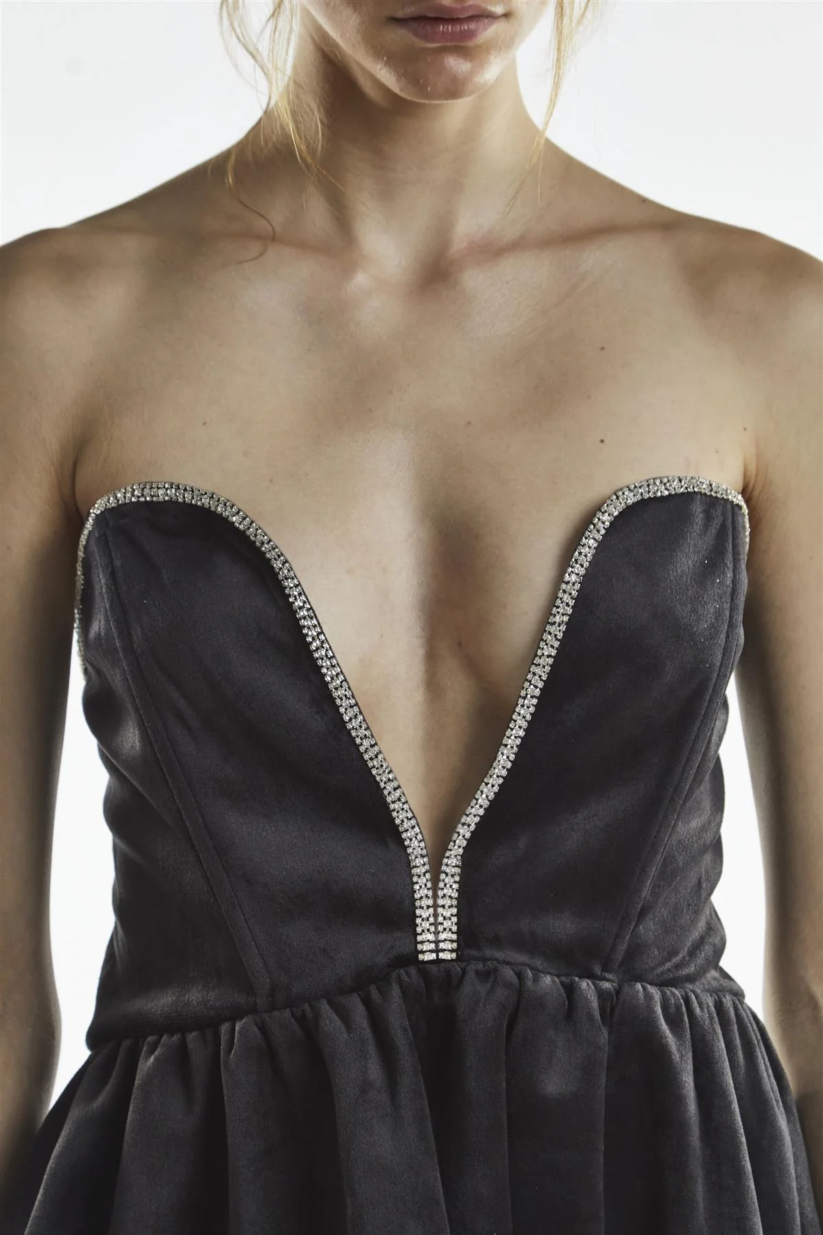 Black Plunge Rhinestone Trim Mini-Dress - Image 3