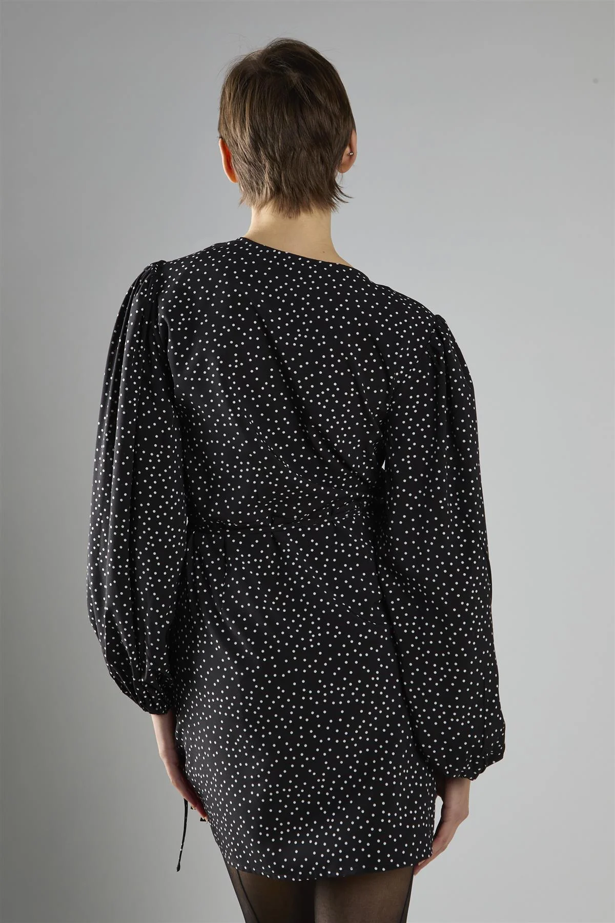 Black Polka Dot Wrap Mini Dress - Image 2