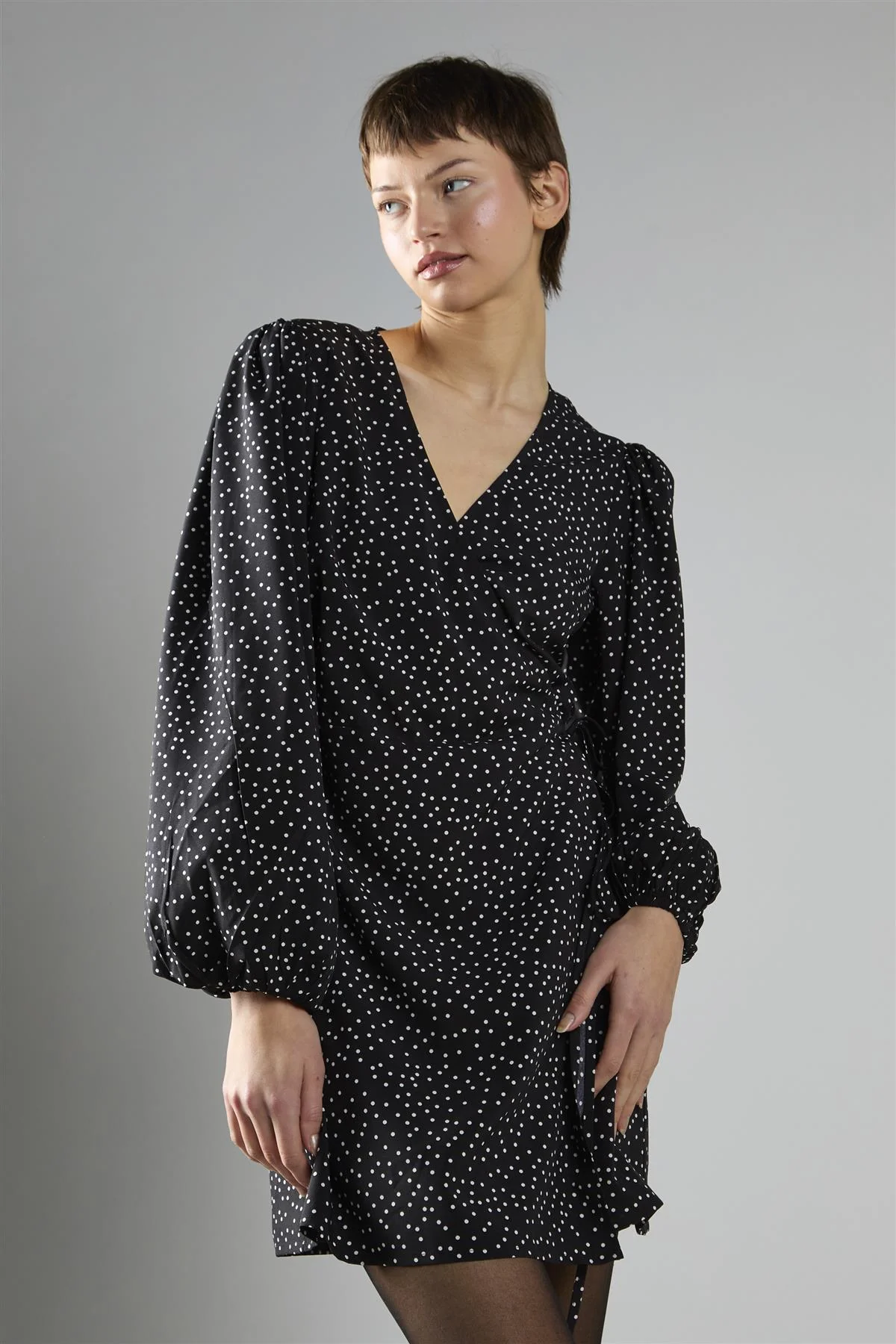 Black Polka Dot Wrap Mini Dress - Image 3