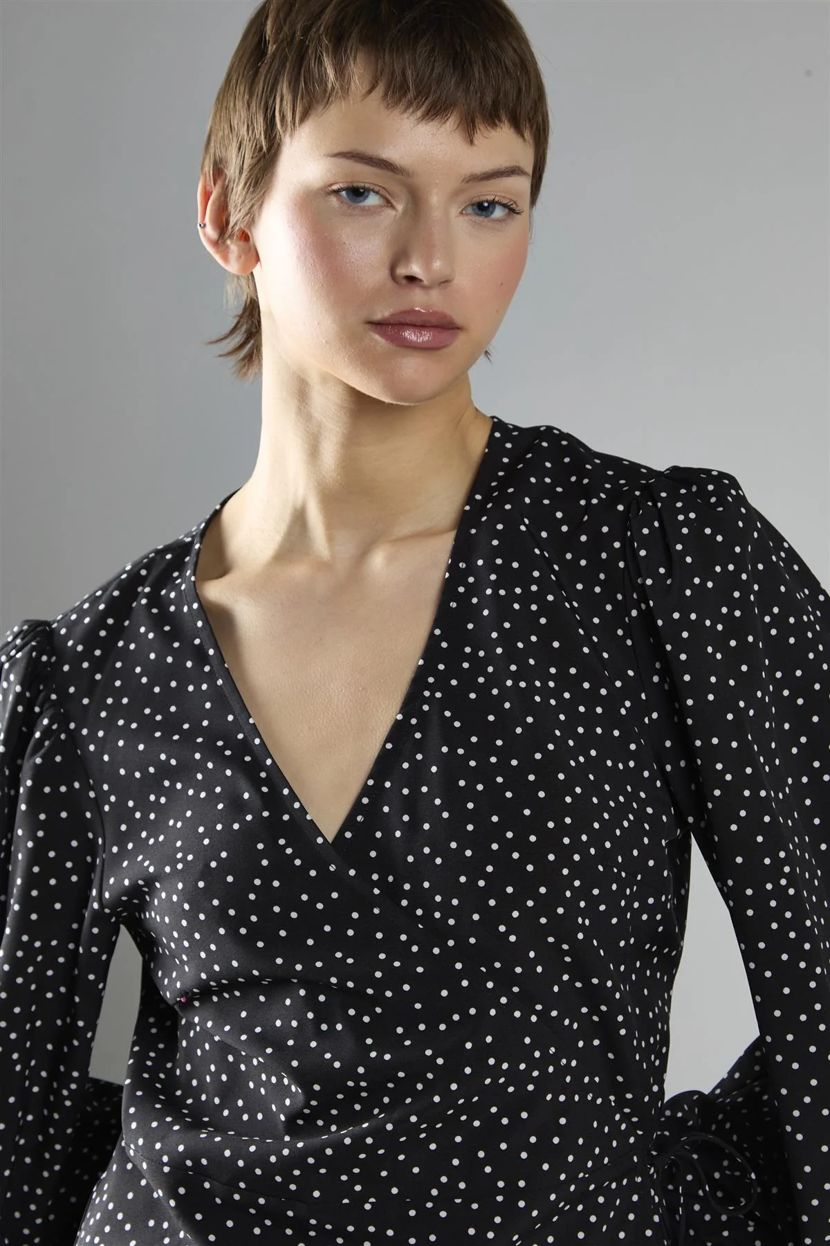 Black Polka Dot Wrap Mini Dress - Image 4