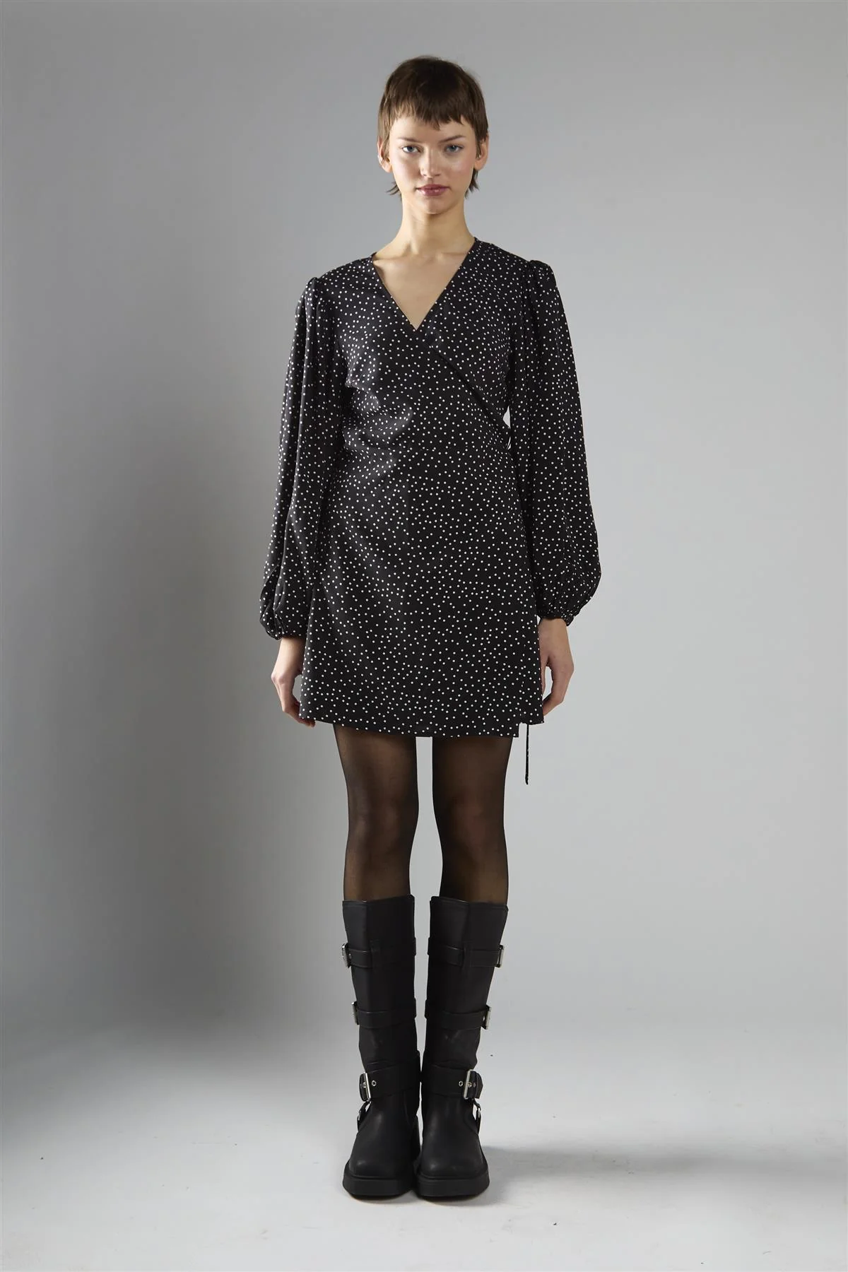 Black Polka Dot Wrap Mini Dress - Image 5