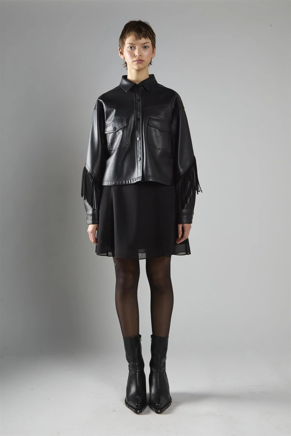 Black Pu Asymmetric Fringe Button-front Jacket