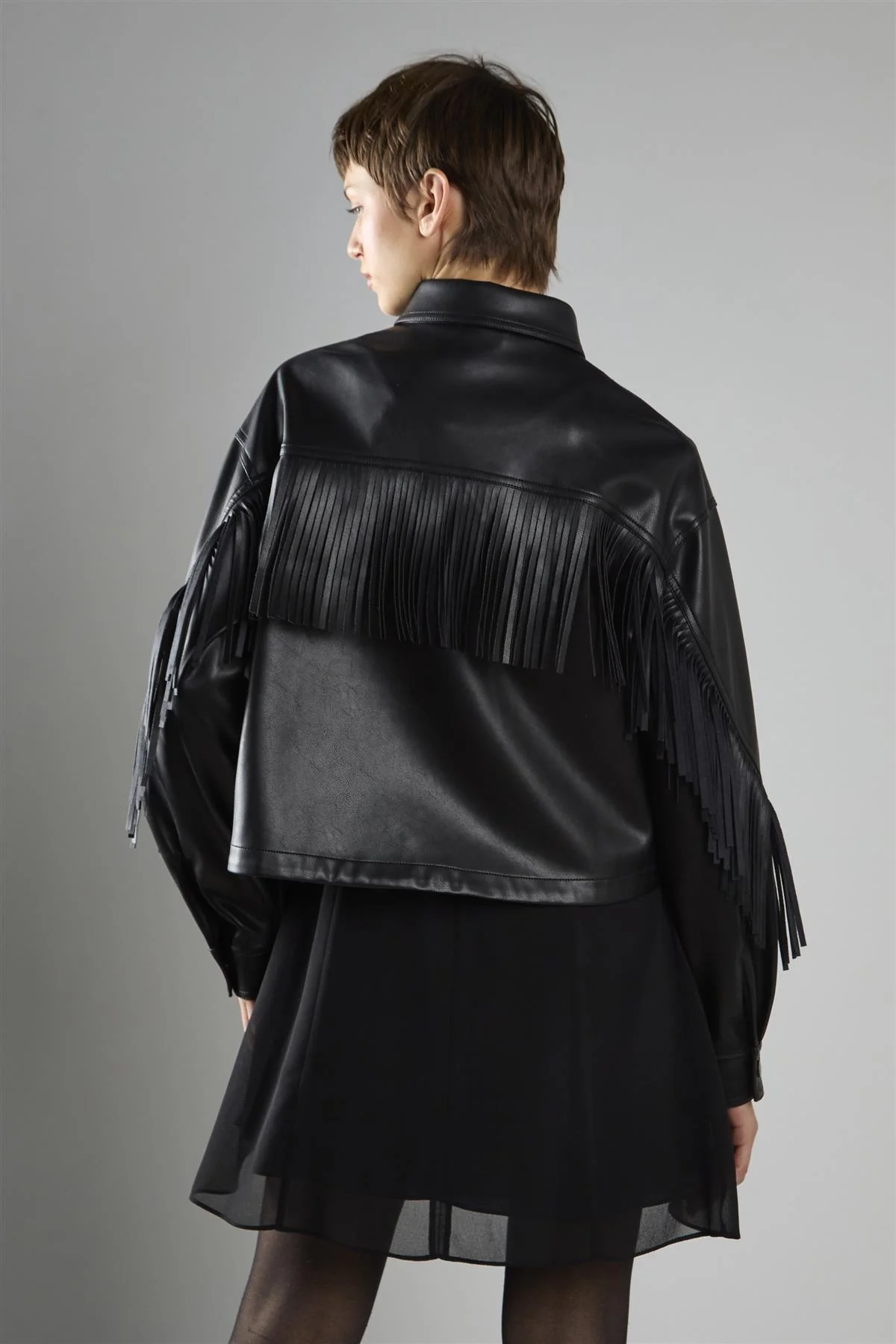 Black Pu Asymmetric Fringe Button-front Jacket - Image 2