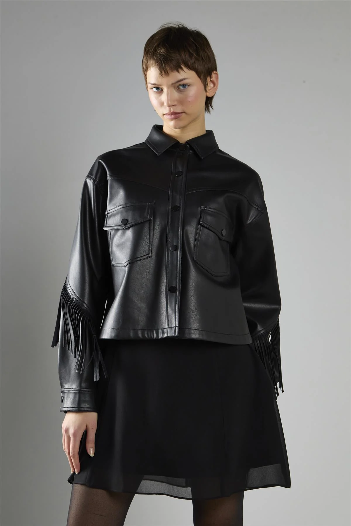 Black Pu Asymmetric Fringe Button-front Jacket - Image 3