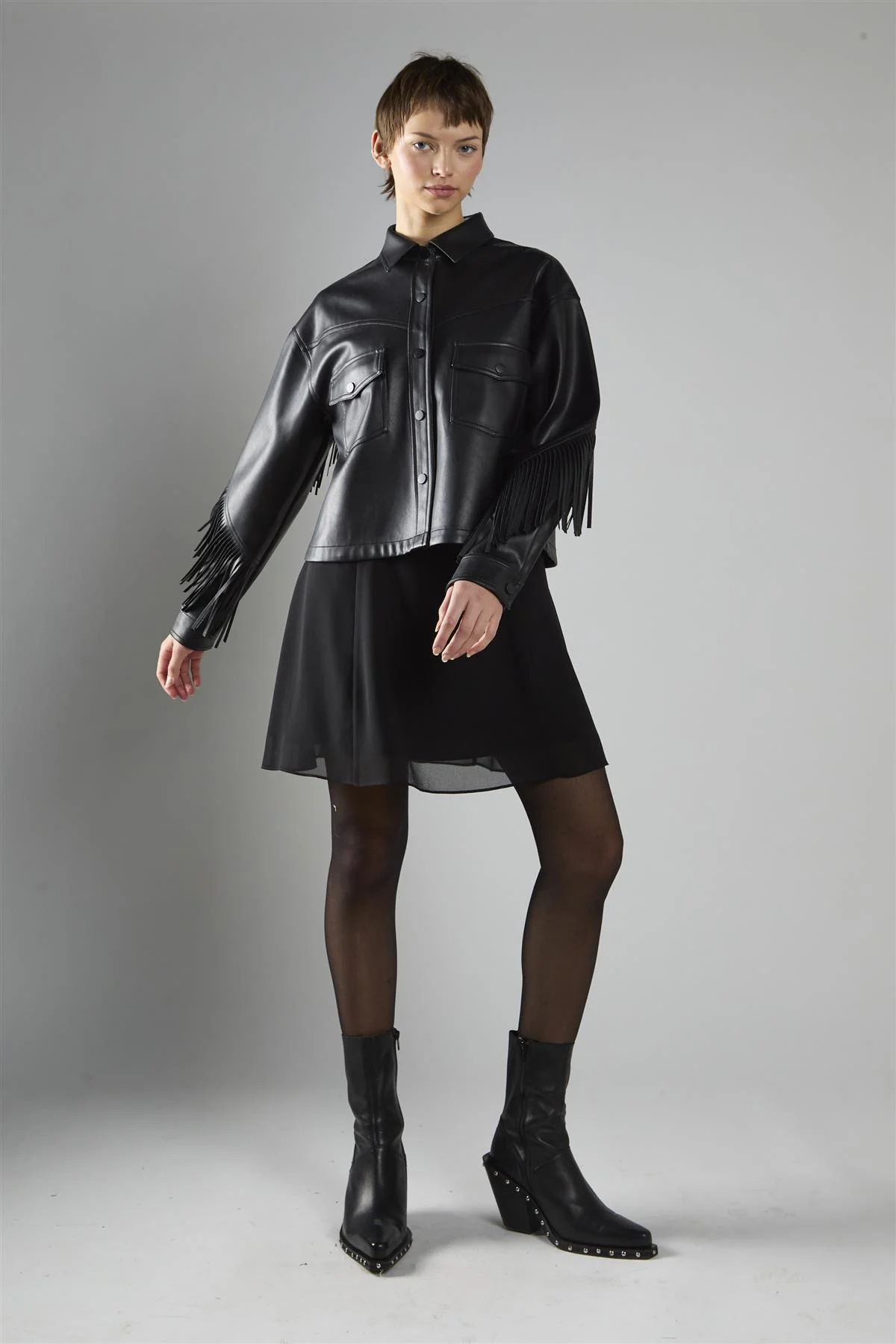 Black Pu Asymmetric Fringe Button-front Jacket - Image 5