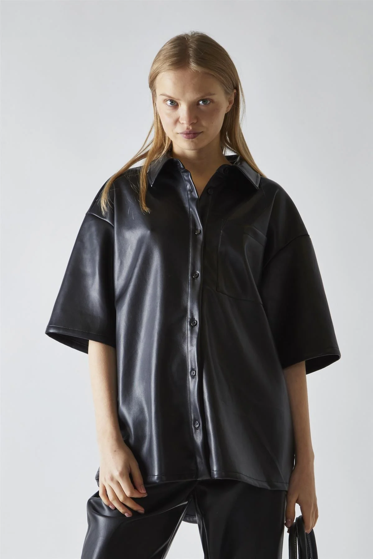 Black-PU Boxy Oversized-Shirt - Image 3
