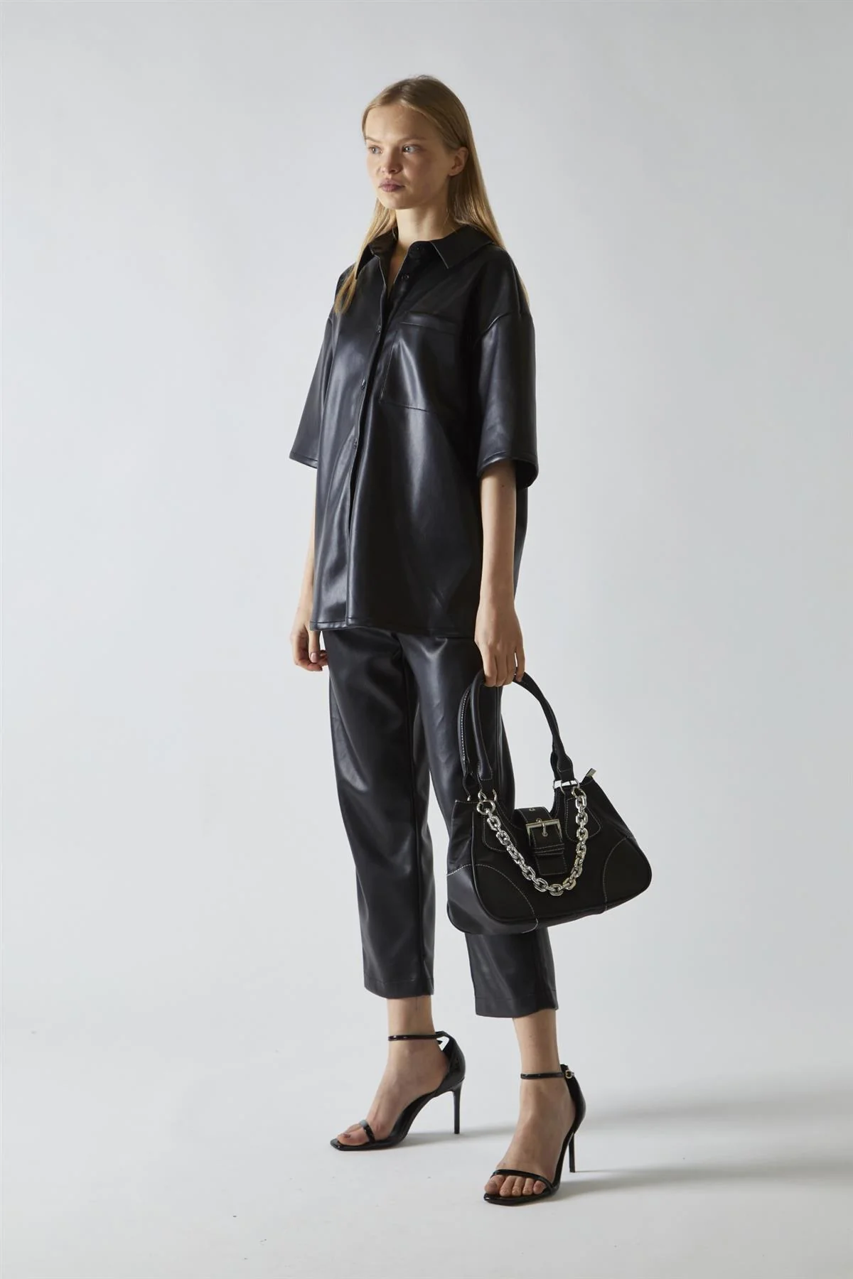 Black-PU Boxy Oversized-Shirt - Image 4
