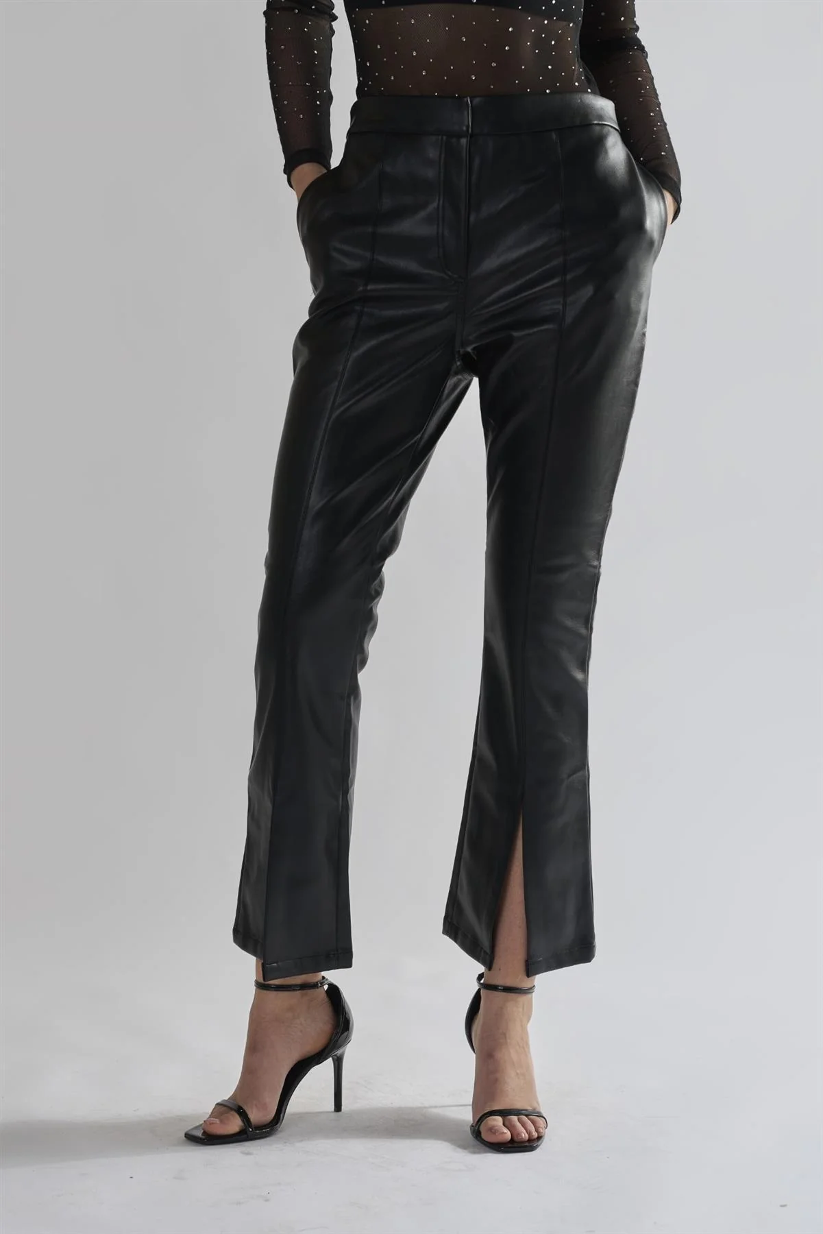 Black PU Flared Trousers - Image 3