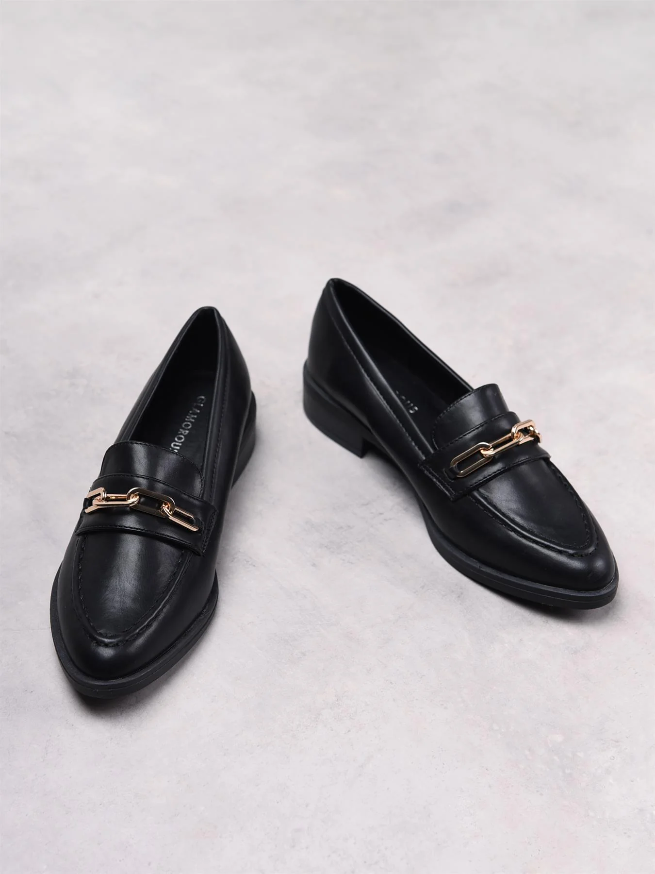 Black PU Gold Chain Detail Loafers