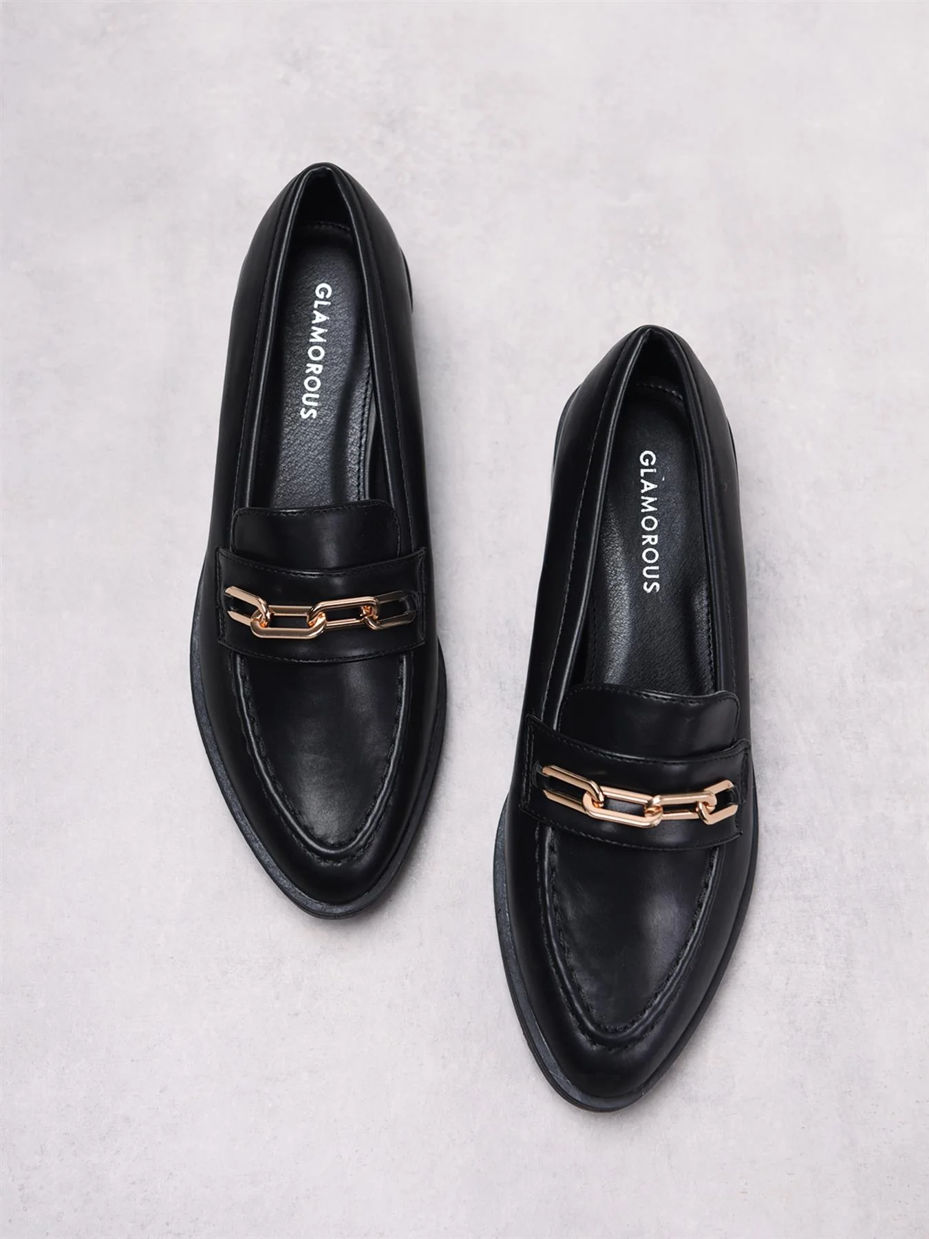 Black PU Gold Chain Detail Loafers - Image 2