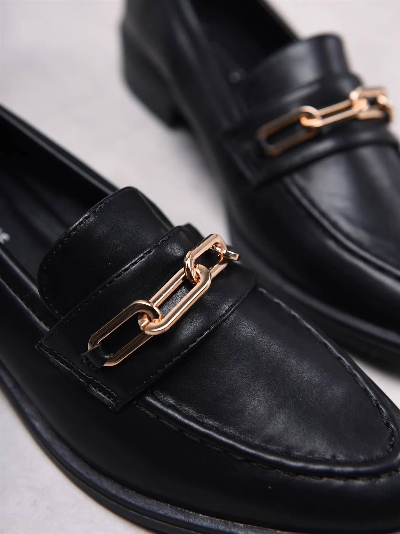 Black PU Gold Chain Detail Loafers - Image 3