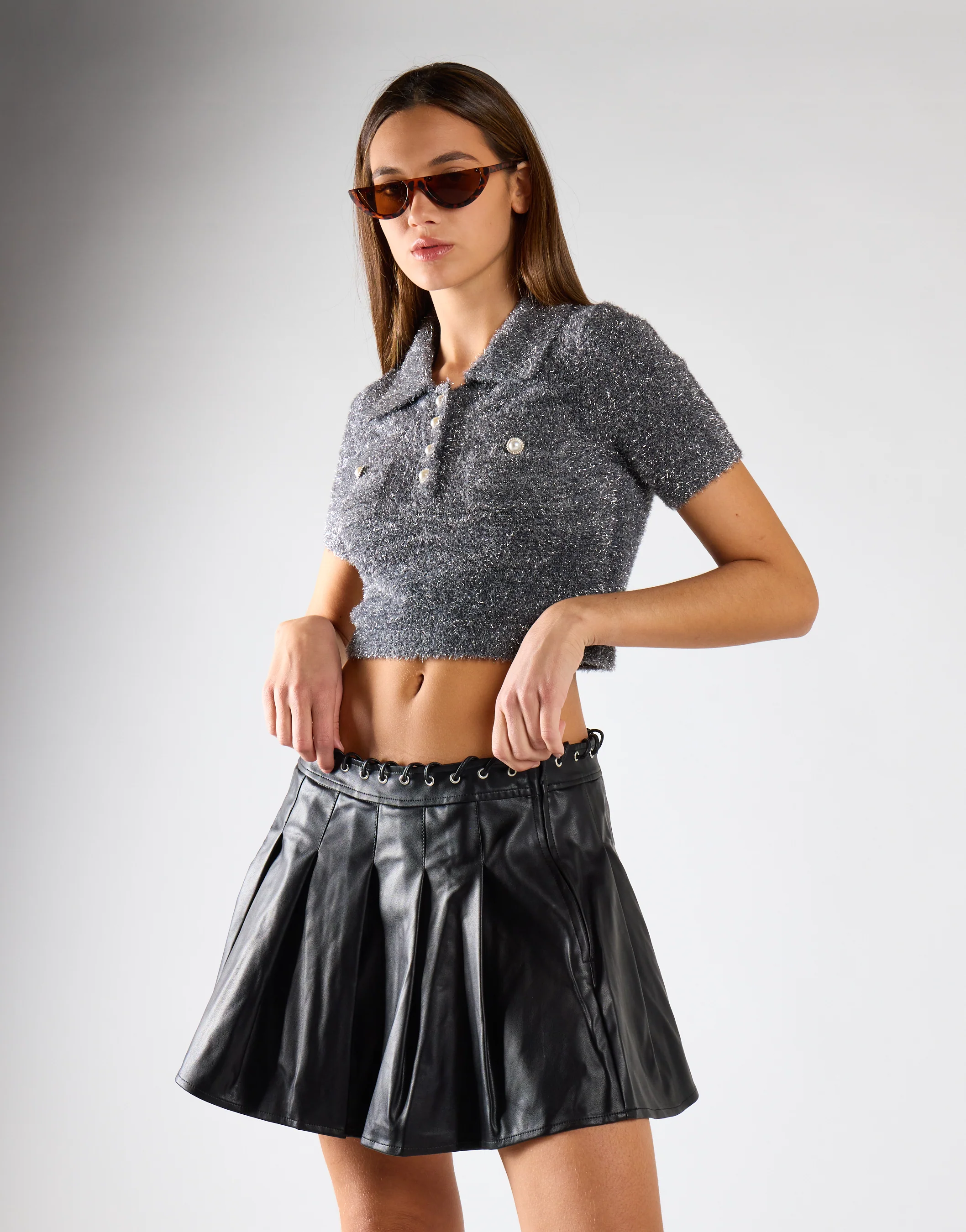Black-PU Pleated Mini Skirt - Image 3