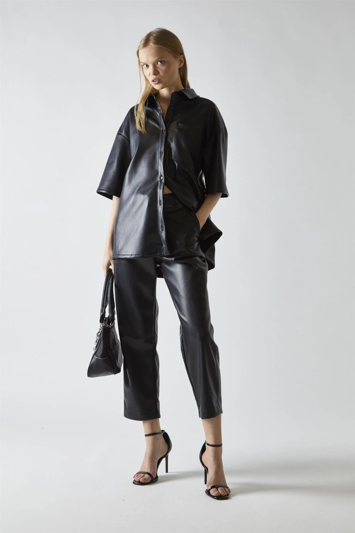 Black-PU Straight Fit Crop Trousers