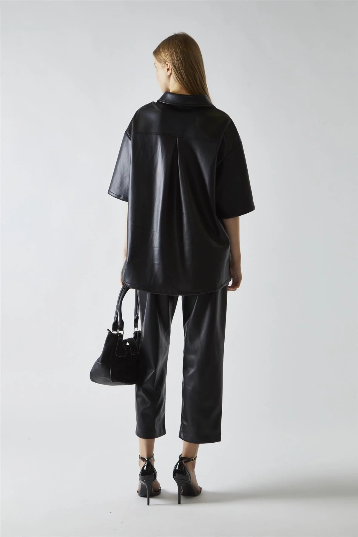 Black-PU Straight Fit Crop Trousers - Image 2