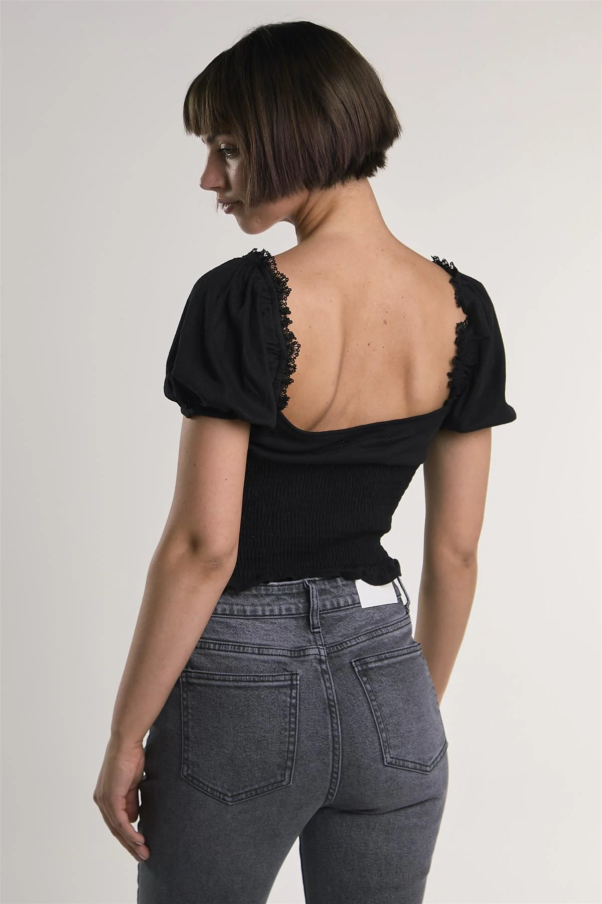 Black Puff-Sleeve-Babydoll Crop-Top - Image 2