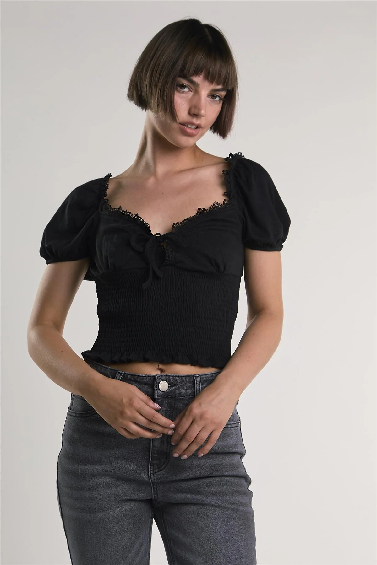Black Puff-Sleeve-Babydoll Crop-Top - Image 3