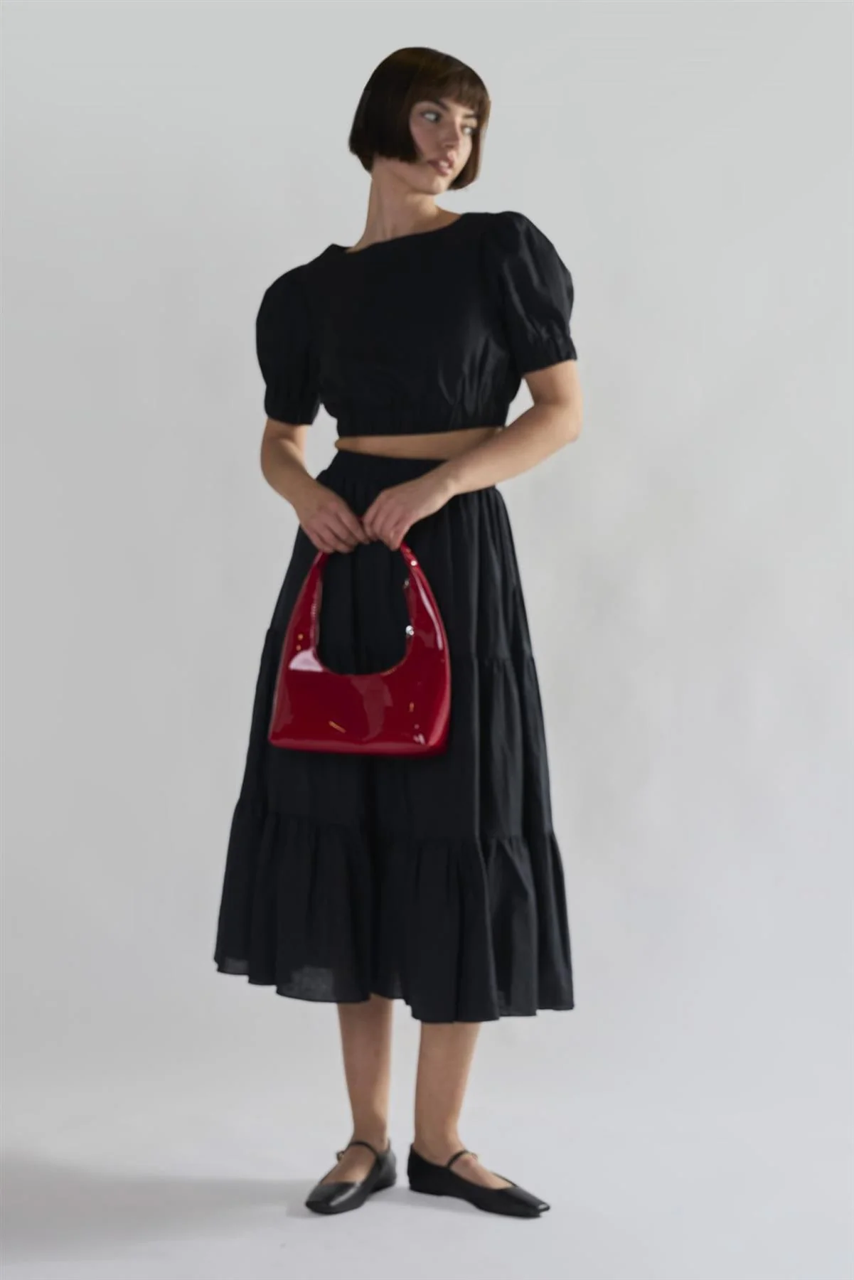 Black Puffed-Sleeve Crop-Top