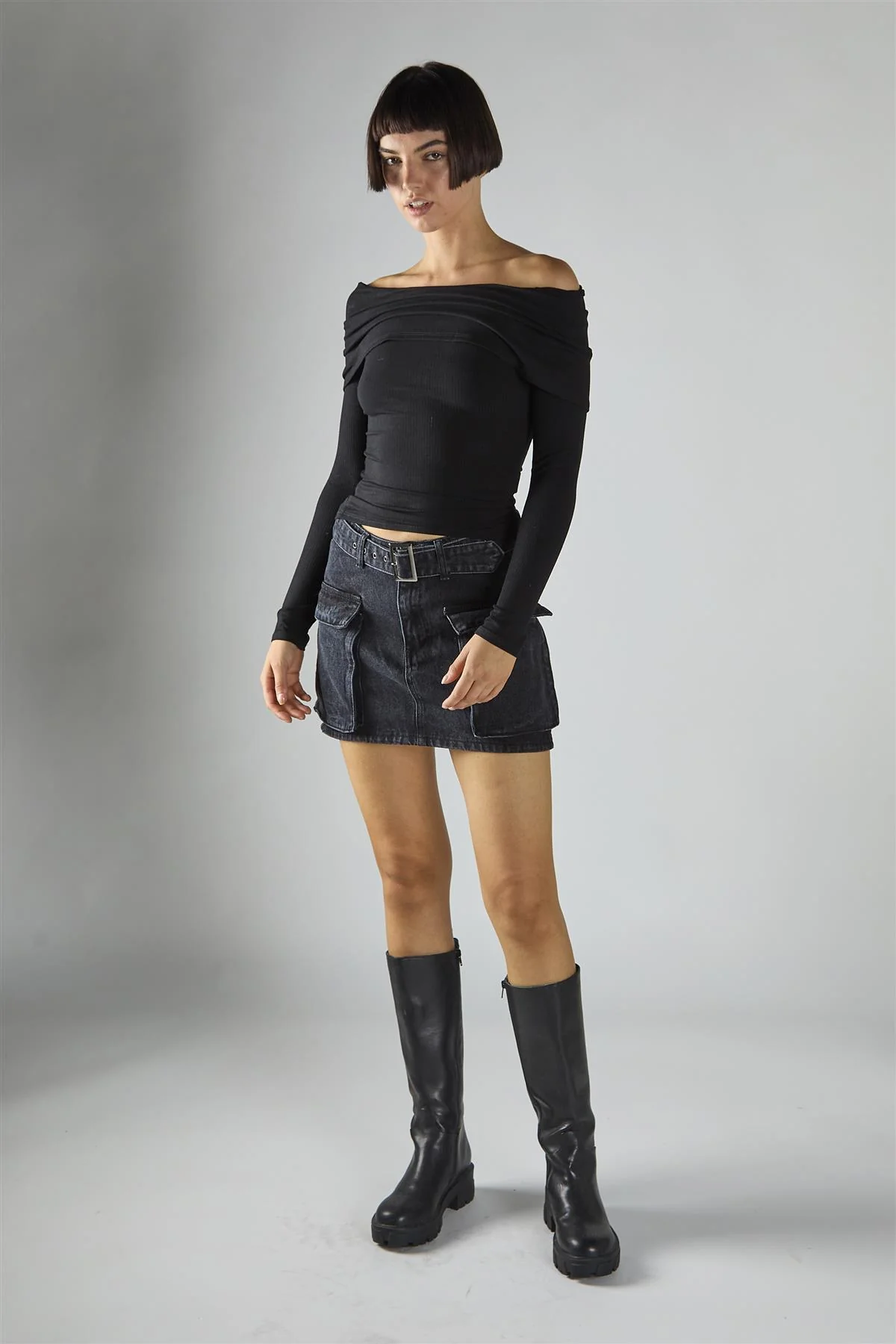 Black Ribbed-Off-Shoulder-Double-Layer Long Sleeve-Top