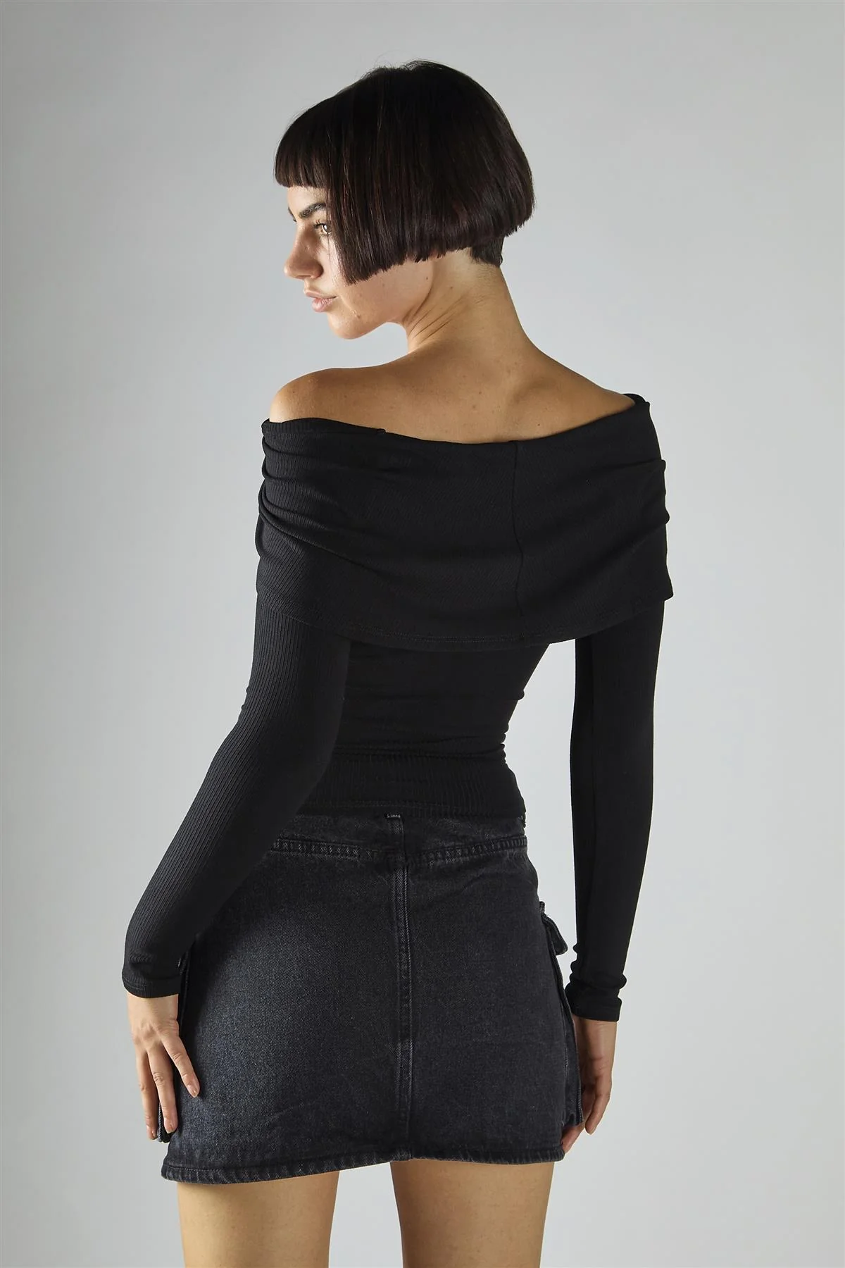 Black Ribbed-Off-Shoulder-Double-Layer Long Sleeve-Top - Image 2