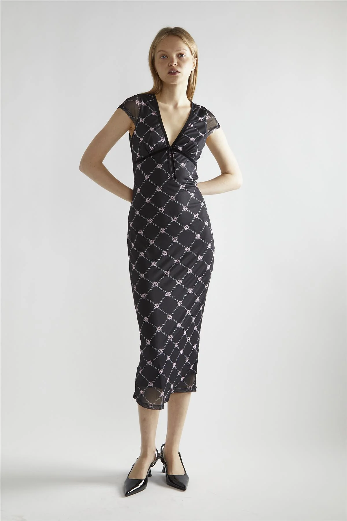 Black Rose Trellis Mesh V-Neck Midaxi-Dress